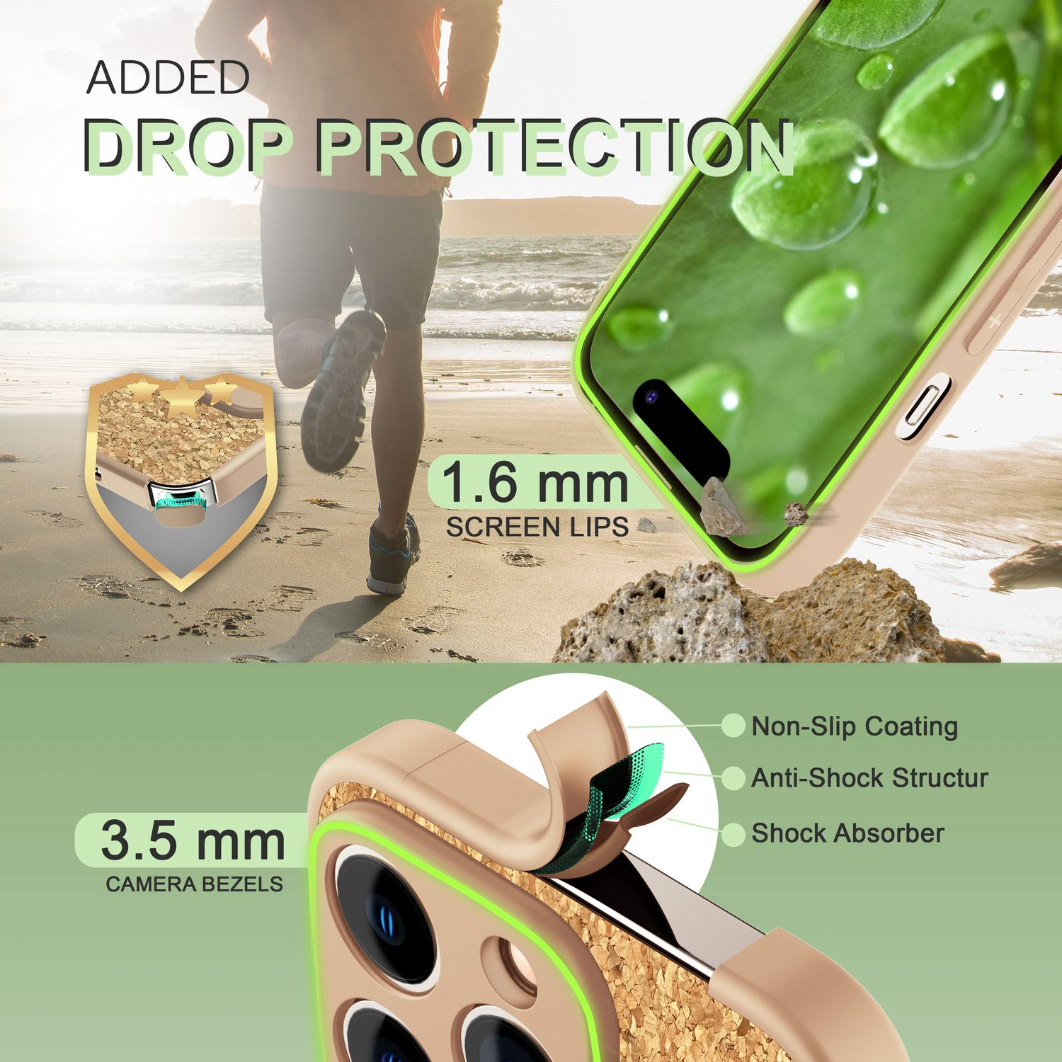 Primer plano de una funda de teléfono con un teléfono dentro. Muestra protección contra caídas y un bisel de cámara.