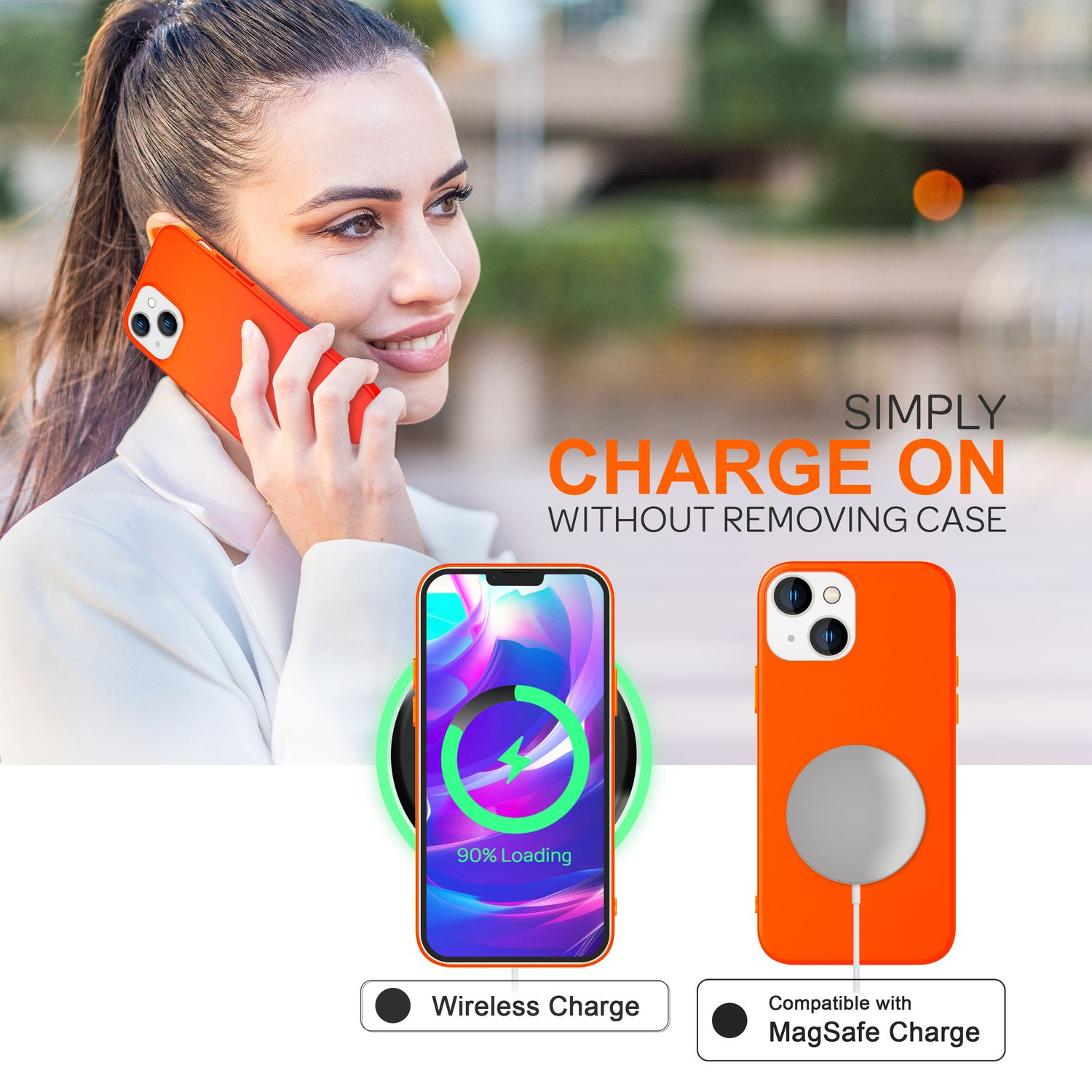 Donna che tiene un telefono arancione con caricatore wireless e custodia. Il testo dice 'Charge on'.