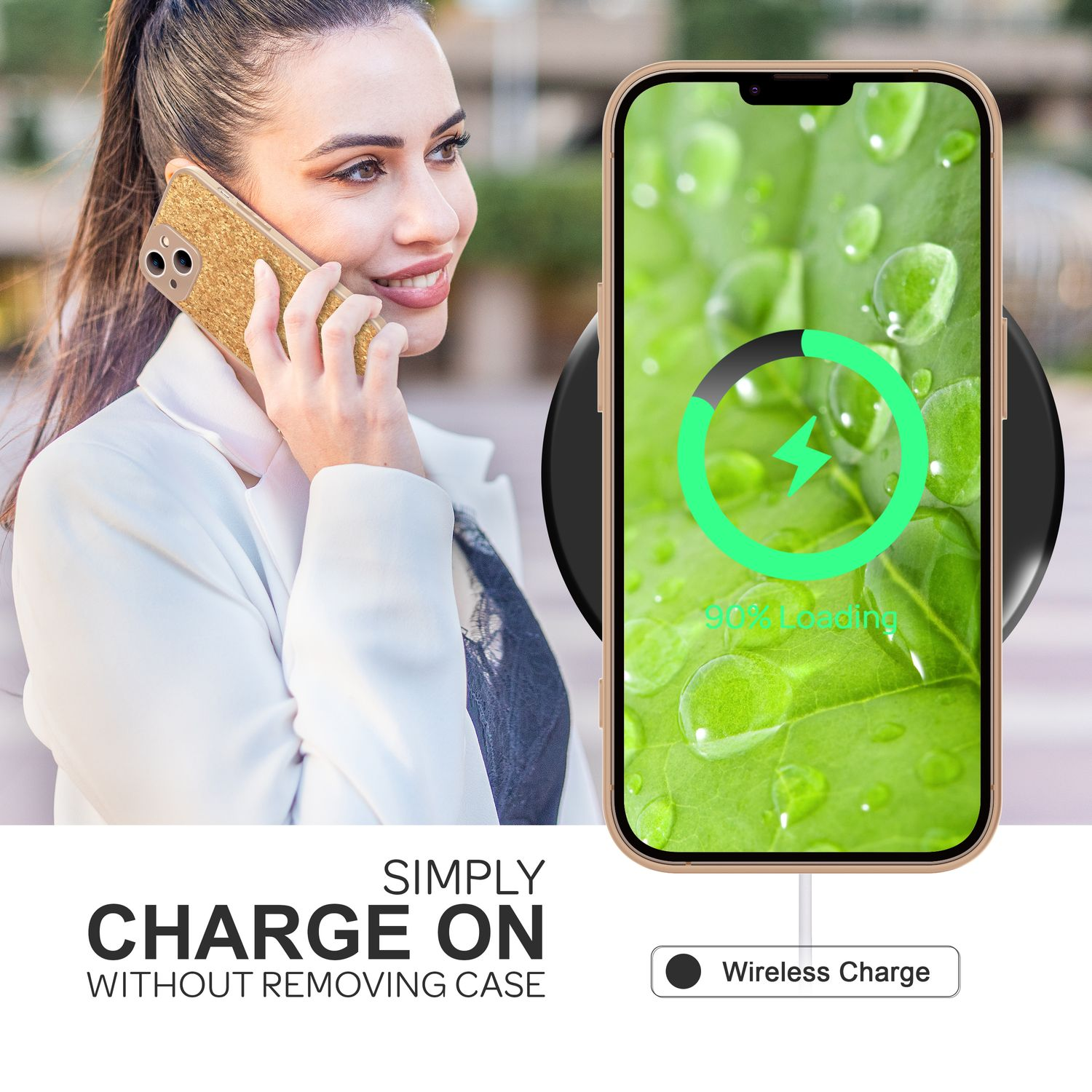 Una mujer sosteniendo un teléfono con un icono de carga. El teléfono se carga de forma inalámbrica en una base de carga negra.