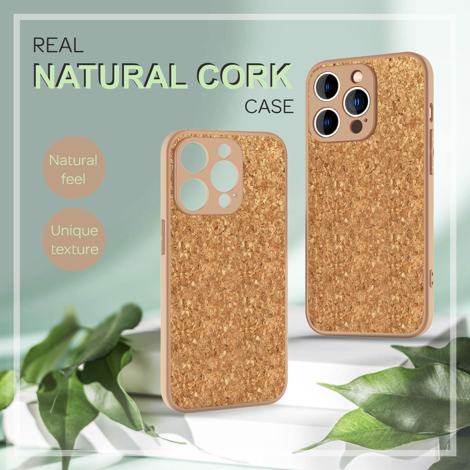 Dos fundas para teléfono hechas de material de corcho. Una en exhibición, otra en el fondo.