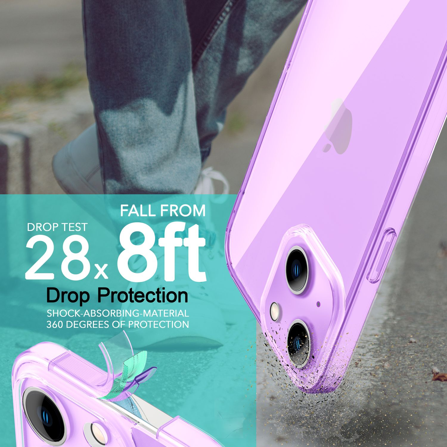 Una funda morada para teléfono que muestra un teléfono, con texto de protección contra caídas. Está sobre una superficie mojada.