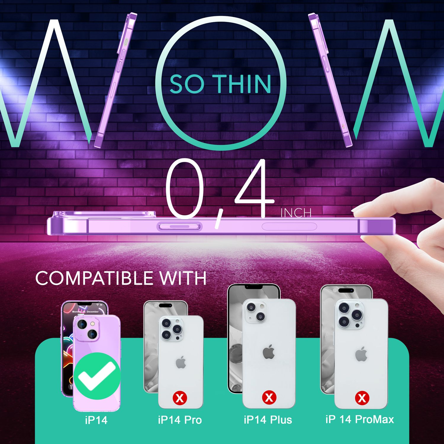 Funda morada para teléfono con modelos de teléfono. Texto: So Thin, 0.4 pulgadas. Fondo: morado y ladrillo.