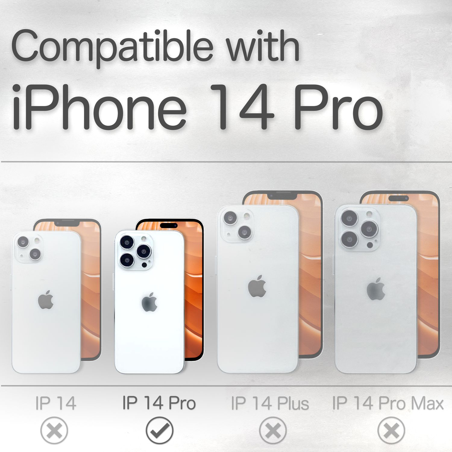 Bild zeigt iPhone-Modelle. Das iPhone 14 Pro ist als kompatibel mit einem Zubehörteil markiert.