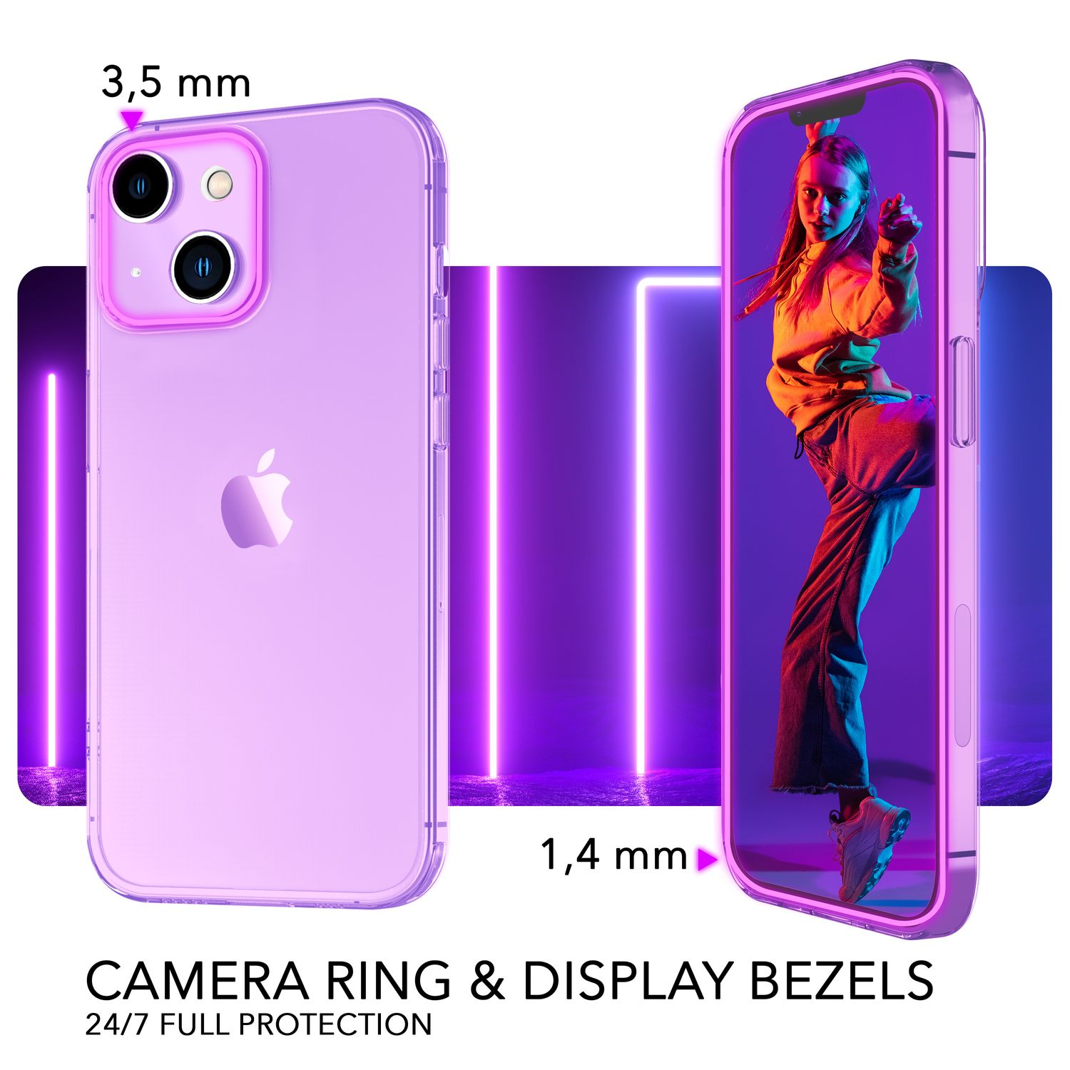 Dos fundas para teléfono, una en un teléfono, otra al lado, ambas lilas, y una luz de neón de fondo.