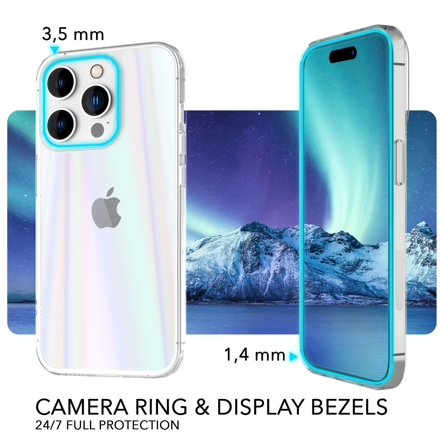 Dos vistas de un iPhone con una funda transparente, destacando la cámara y los biseles de la pantalla.