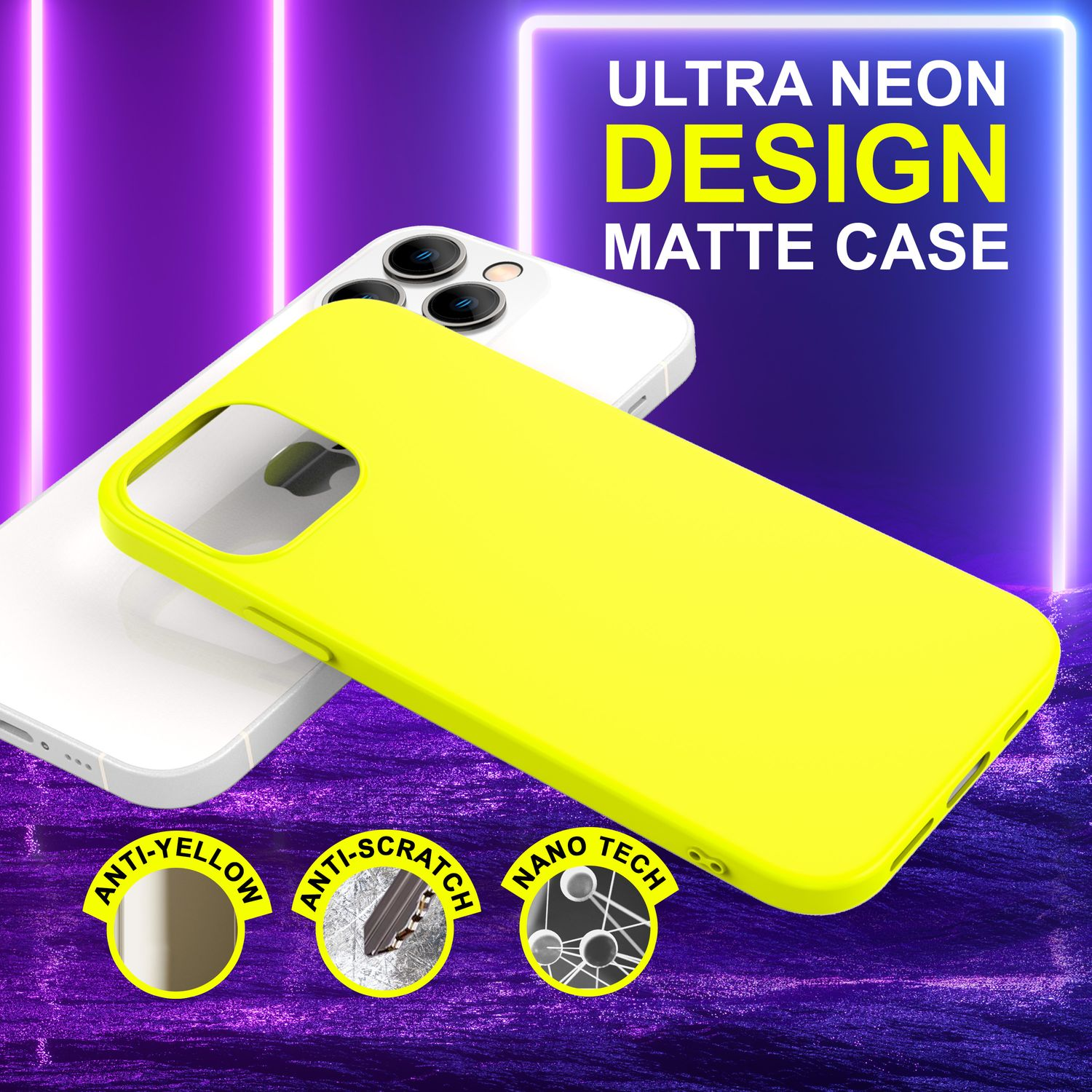 Gelbe Handyhülle auf weißem Handy mit lila und Neon-Design und den Worten: 'ULTRA NEON DESIGN'.