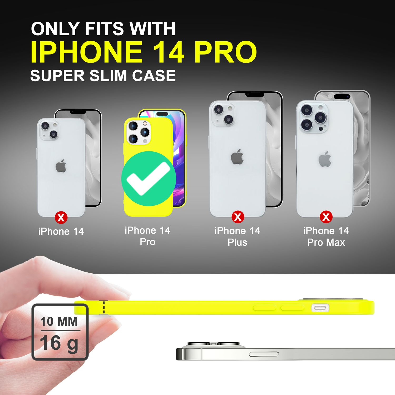 Gelbe Handyhülle in einer Hand, mit iPhone 14 Pro und anderen iPhone-Modellen dahinter.