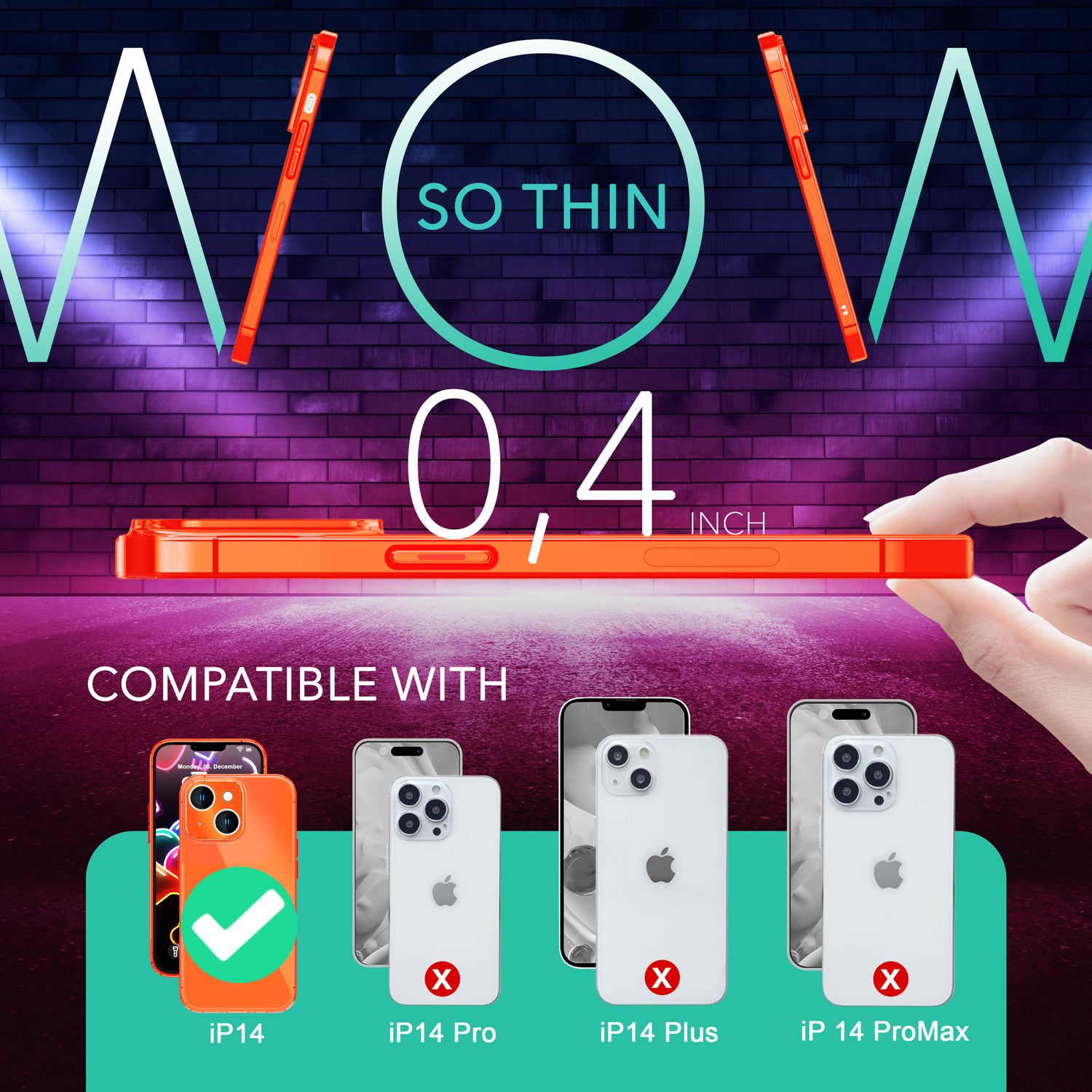 Funda de teléfono naranja sobre pared de ladrillo. Texto: So Thin, 0.4 pulgadas. Compatible con modelos de iPhone.