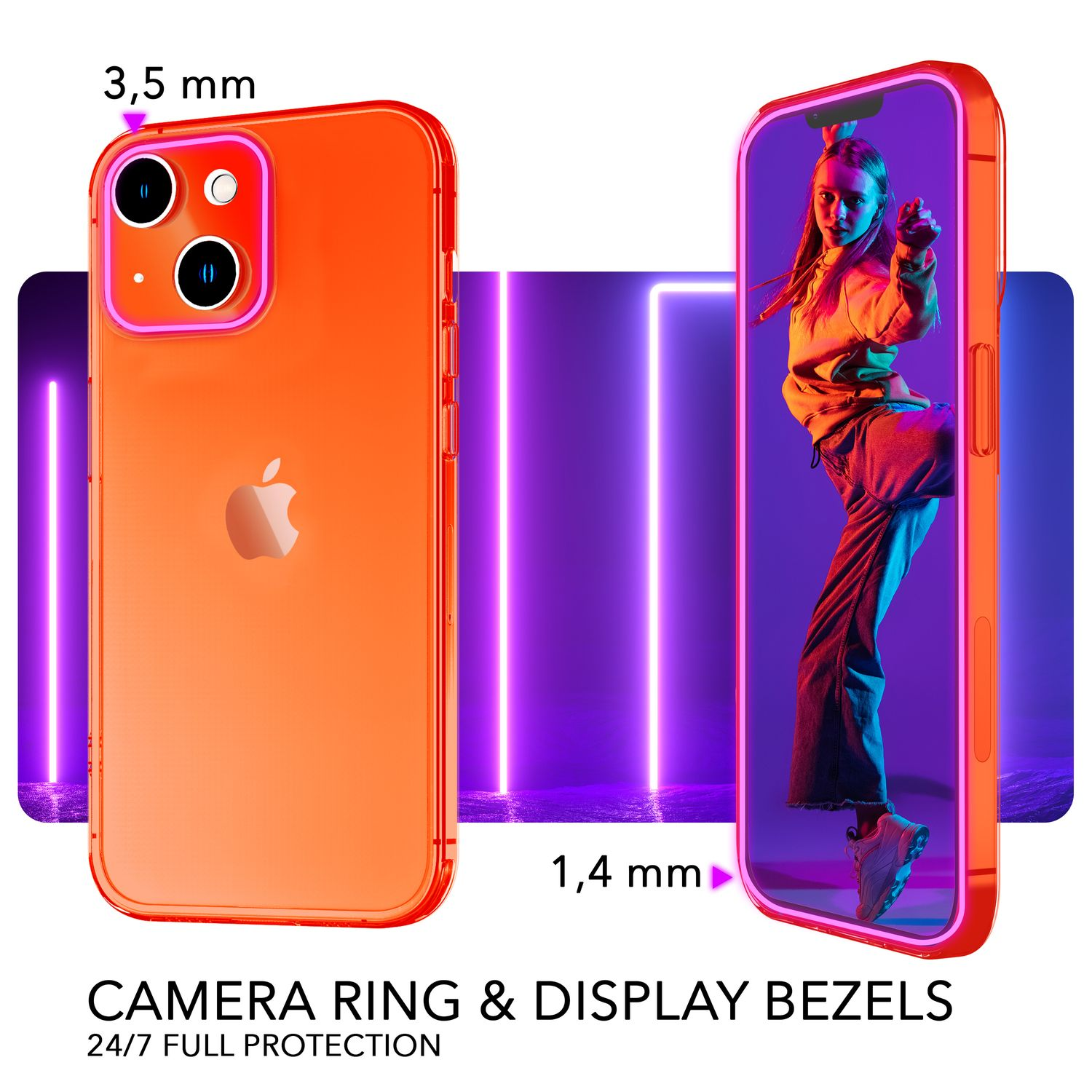 Funda de teléfono naranja con teléfono, mostrando a una mujer señalando, fondo de luz de neón.