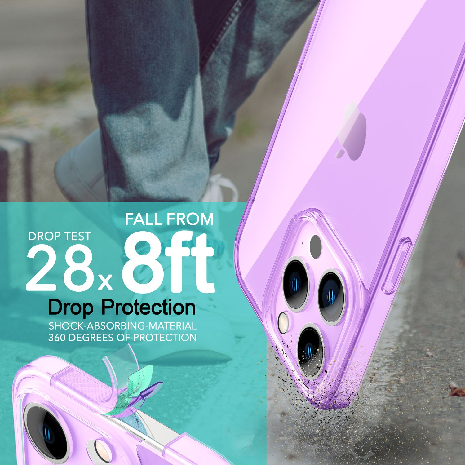 Funda de teléfono morada con las palabras 'DROP TEST' y '28.8ft', con un teléfono en el suelo.