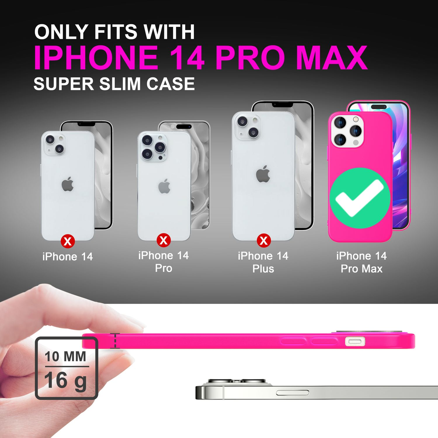 Das Bild zeigt vier Telefone. Nur eines, die pinke Hülle, passt zum iPhone 14 Pro Max, andere haben rote X's.