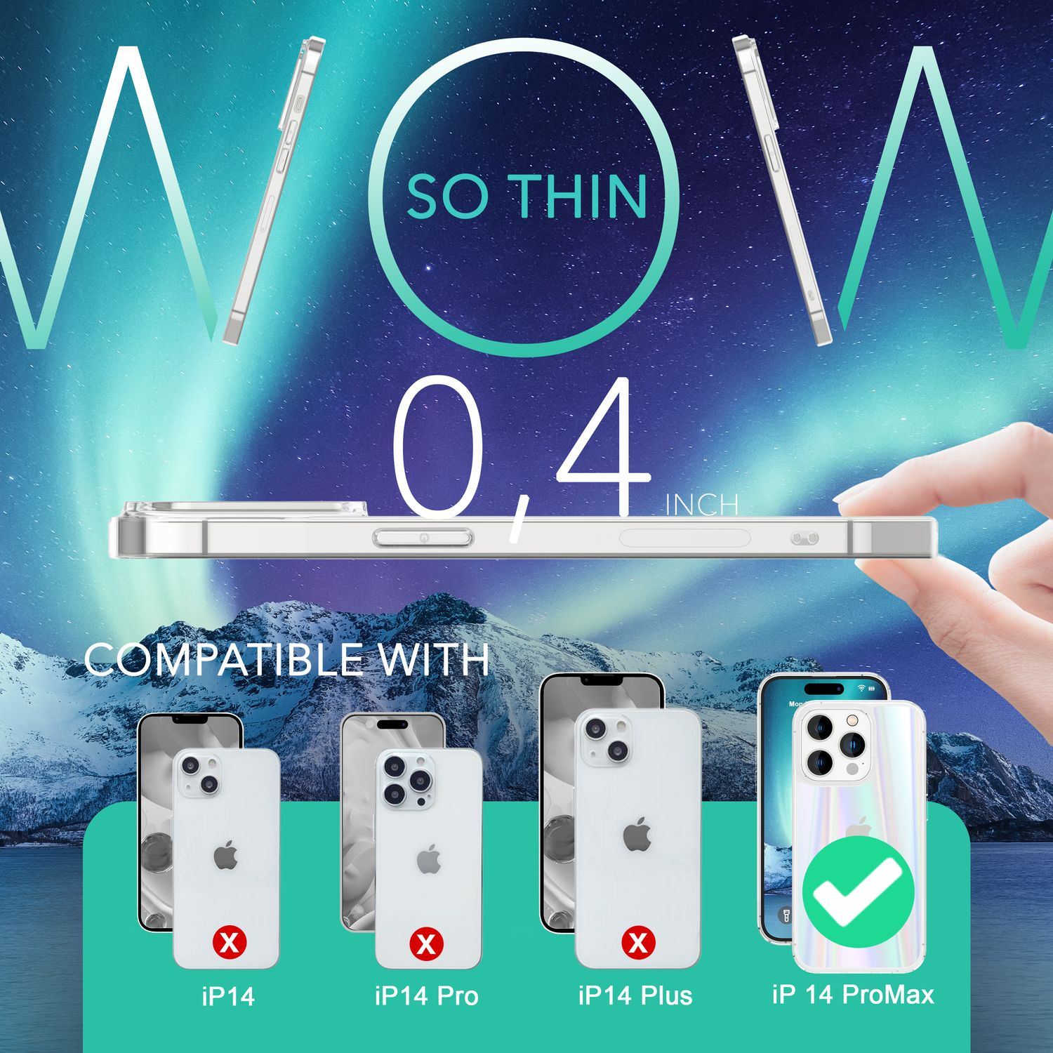 Una funda delgada para teléfono con un teléfono y las palabras 'SO THIN' y '0.4 INCH'.