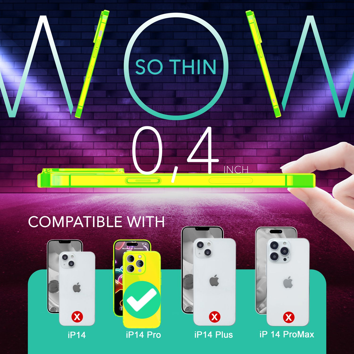 Una funda verde con un teléfono en exhibición. El texto dice 'So Thin' y '0,4 inch'. Compatible con varios modelos de iPhone.