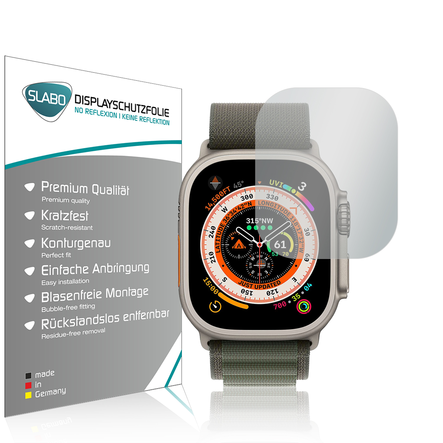 Eine Smartwatch mit Displayschutzfolie und einer Box mit Text über ihre Funktionen, auf weißem Hintergrund.