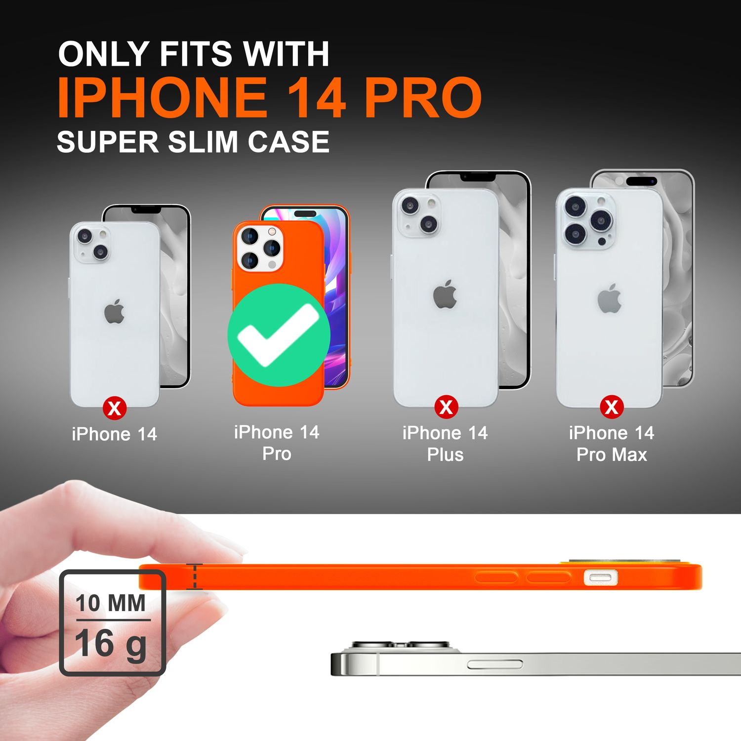 Eine orangefarbene Handyhülle neben iPhone-Modellen mit unterschiedlicher Kompatibilität.