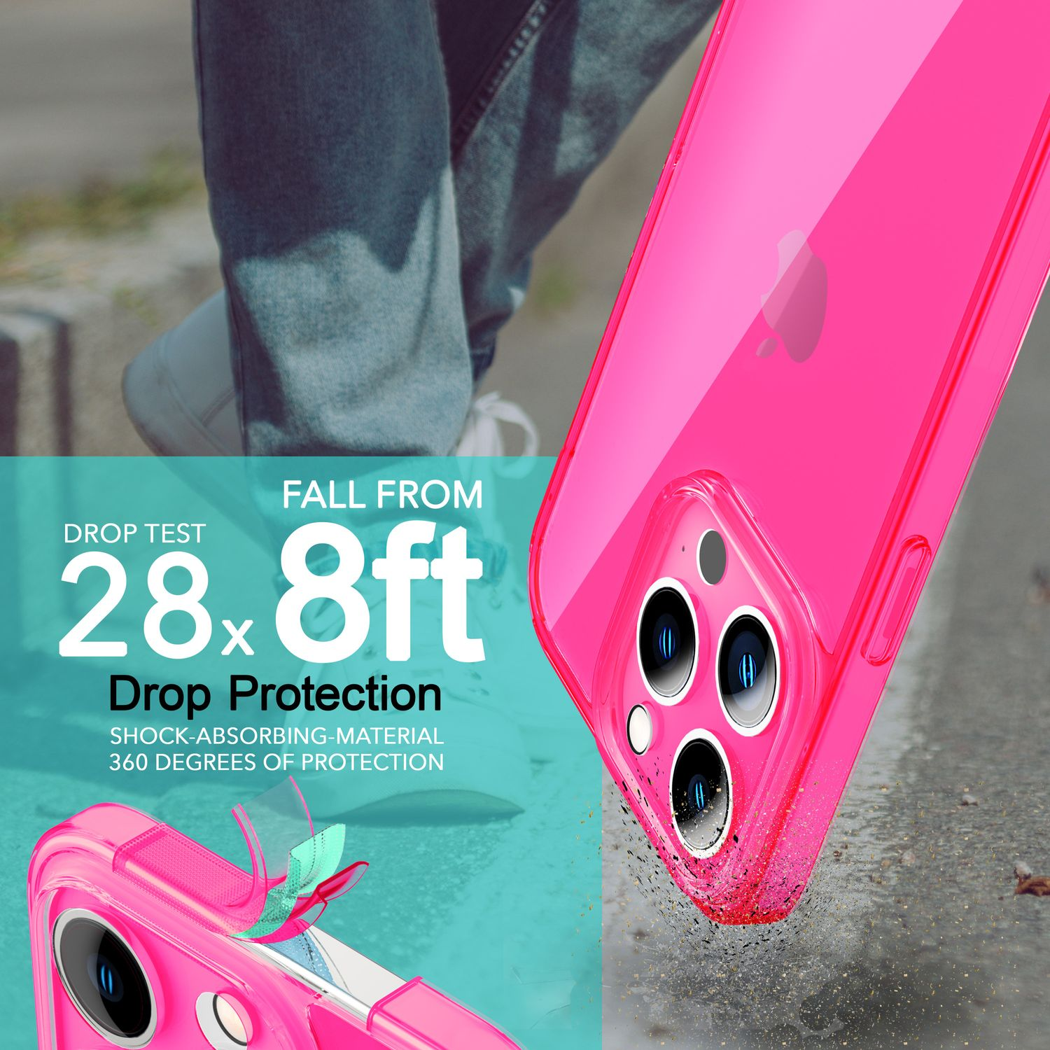 Pinke Handyhülle mit Fallschutz-Text, Riss-Illustration, Betonhintergrund.