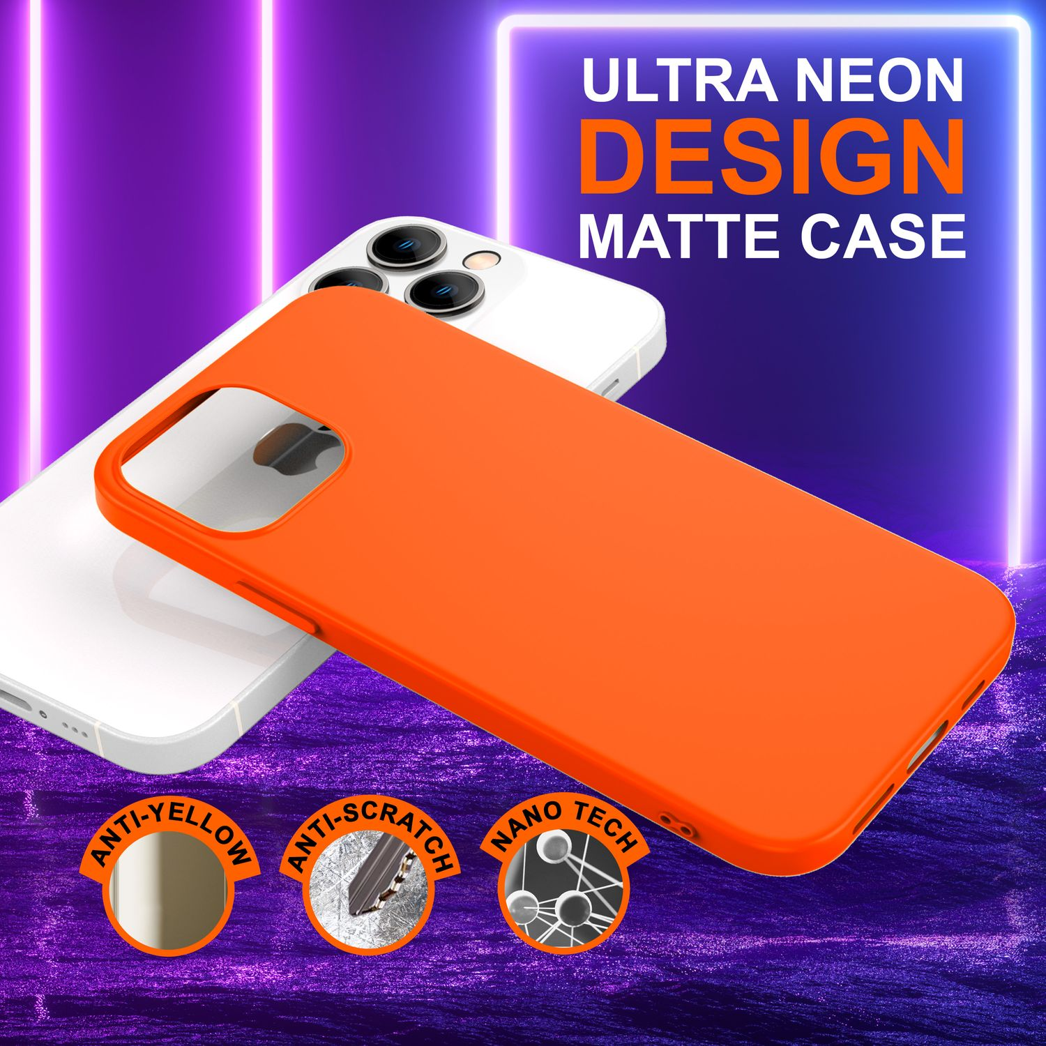 Orangene Handyhülle neben weißem Handy, mit neonlila Hintergrund und Text.