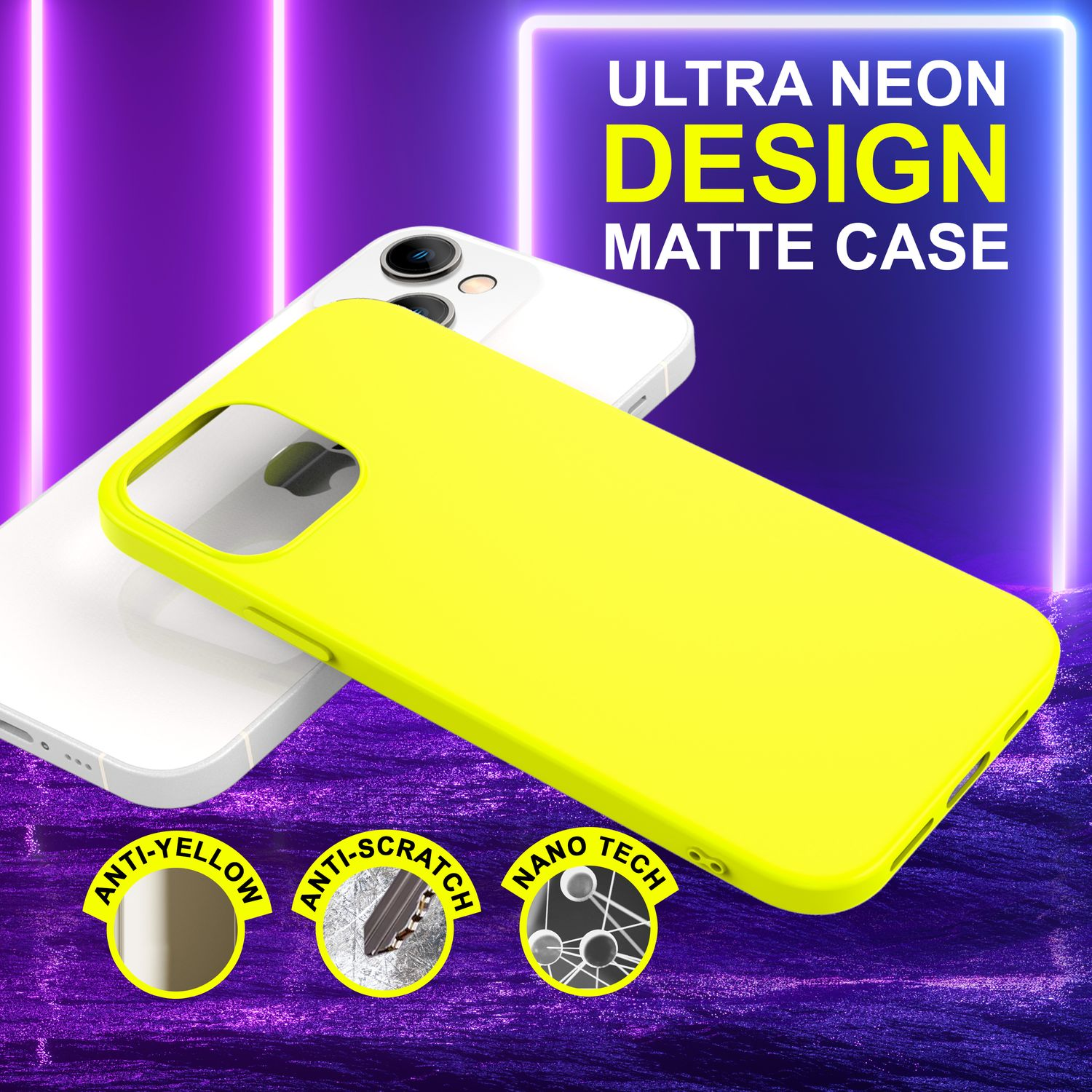 Custodia gialla per telefono con telefono bianco. Testo: Ultra Neon Design Matte Case. Icone anti-giallo, antigraffio e nano tech.