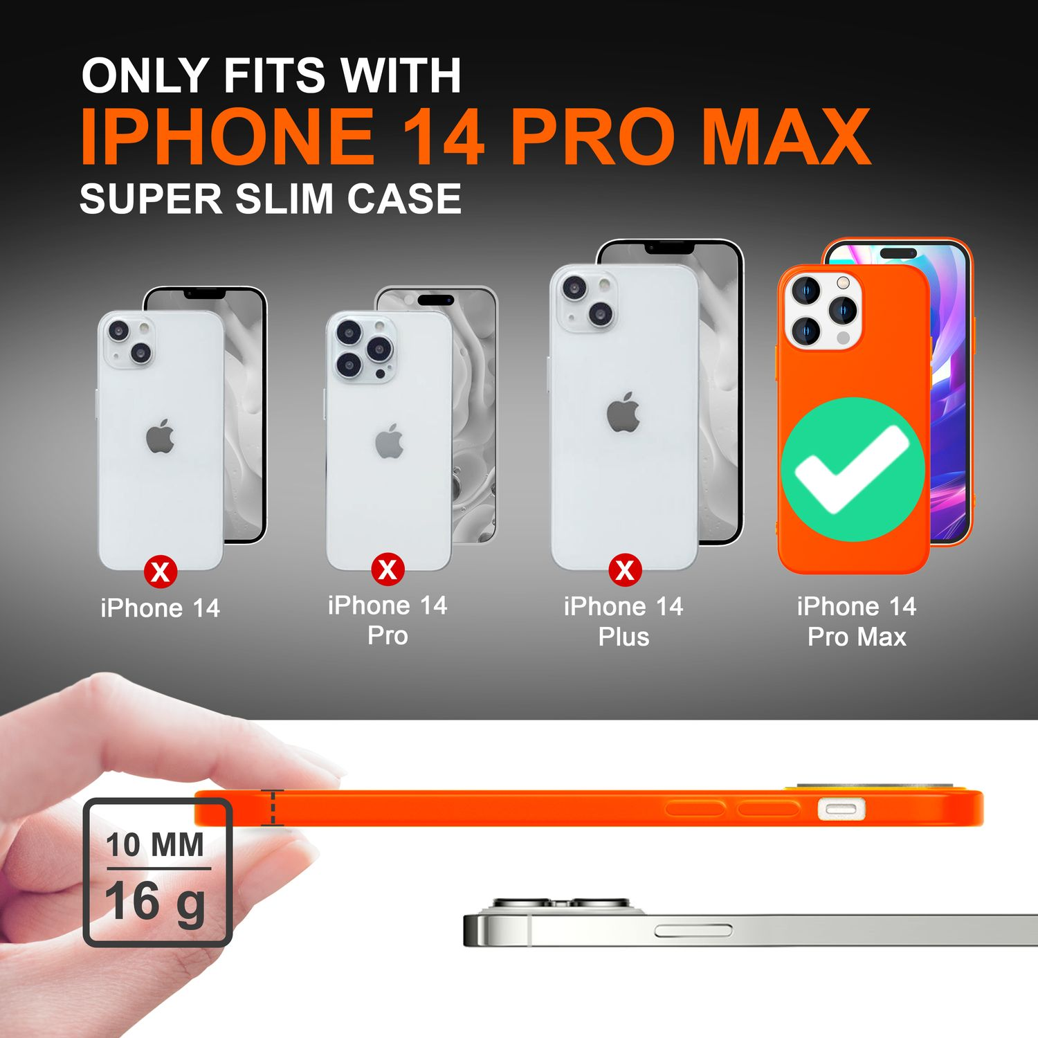 Eine orangefarbene Handyhülle mit dem iPhone 14 Pro Max und anderen iPhone-Modellen im Hintergrund.