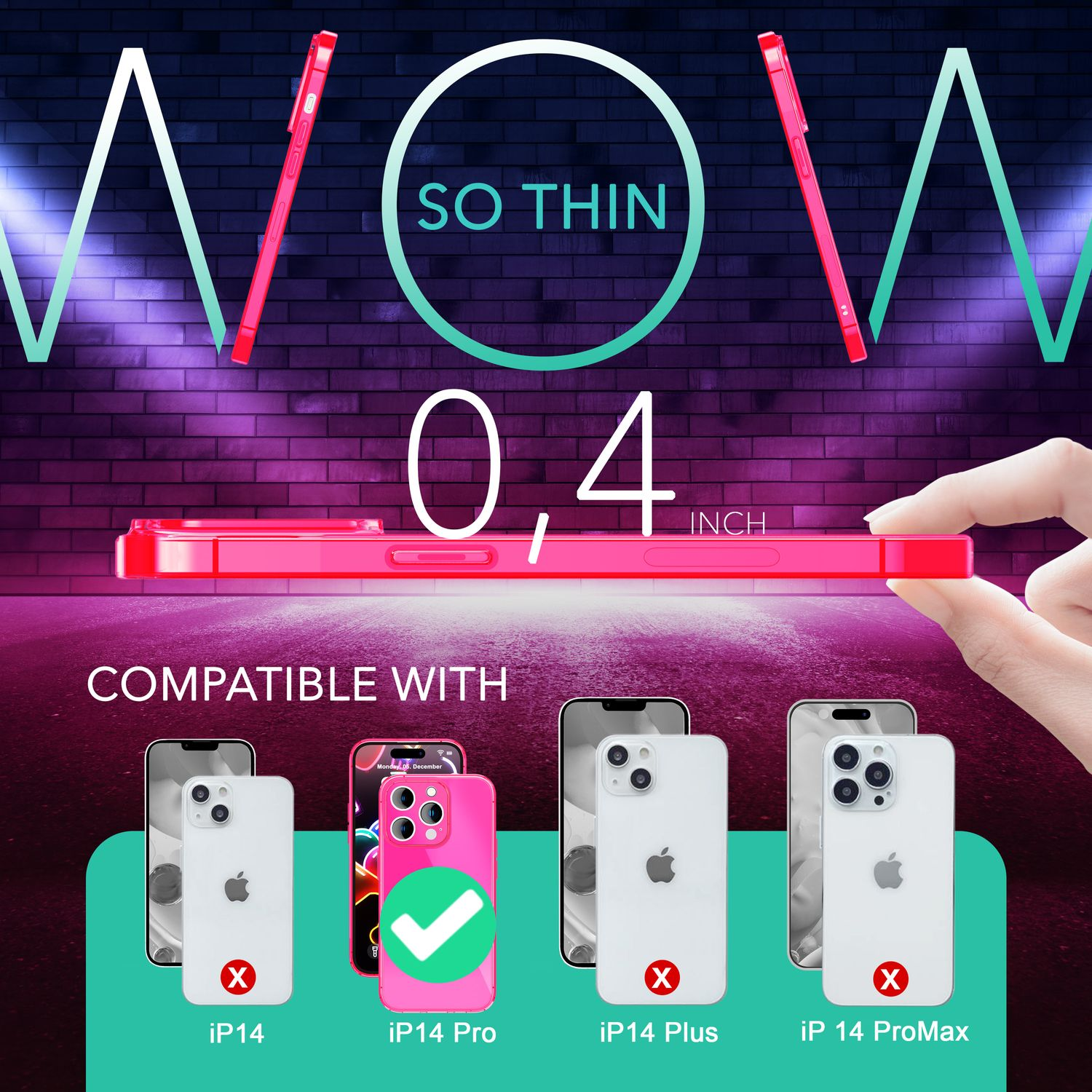 Una funda roja delgada para teléfono con un teléfono y indicadores de compatibilidad.