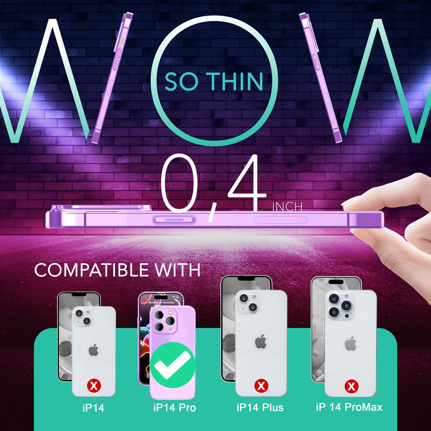 Una funda de teléfono morada y modelos de teléfono compatibles, la funda está a la izquierda.