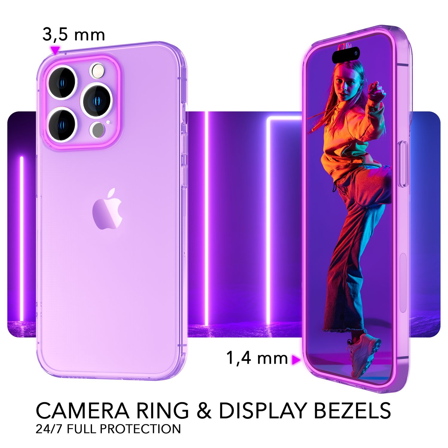 Funda de teléfono con un iPhone dentro. La funda es rosa, con una mujer en sudadera.