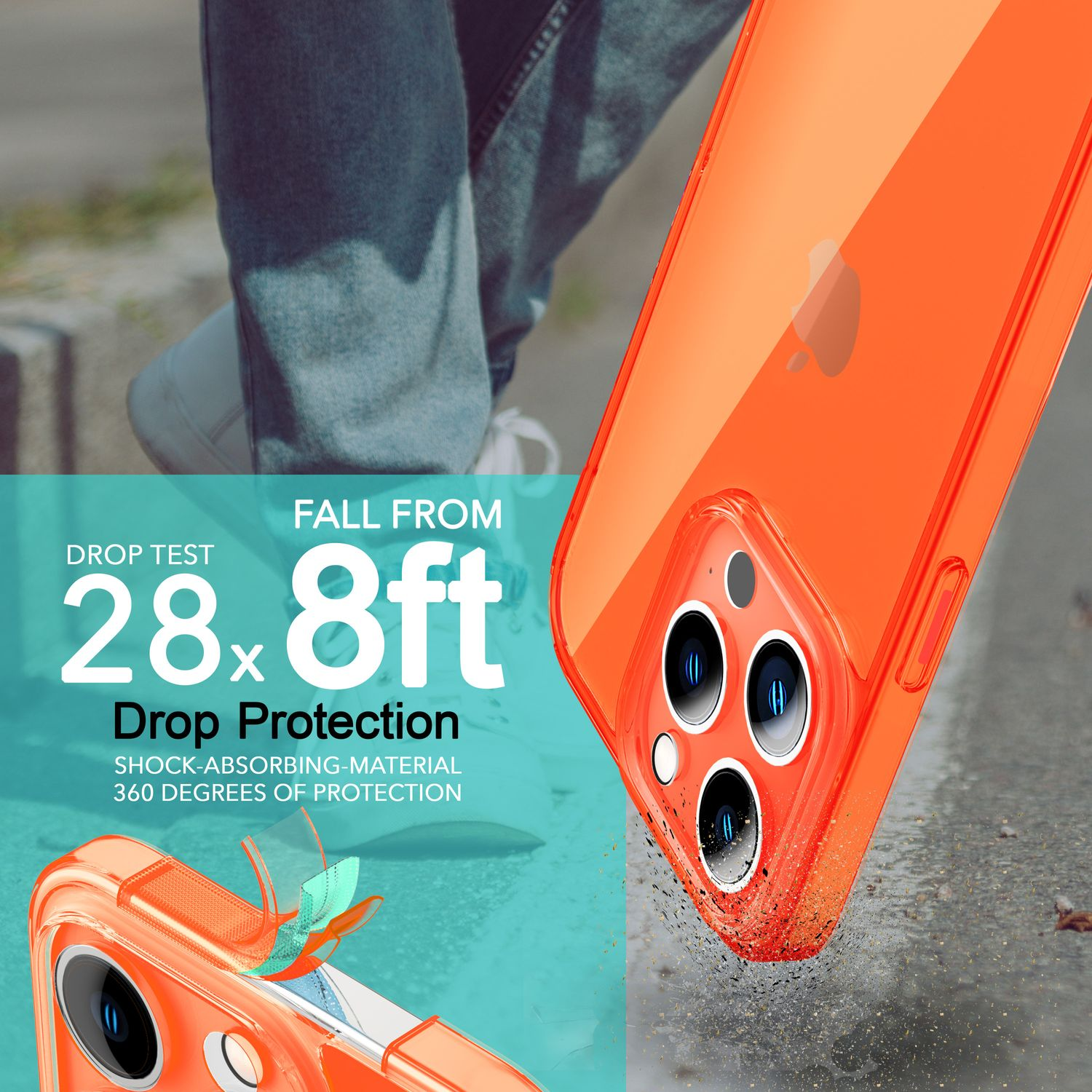 Funda de teléfono naranja con texto sobre protección contra caídas desde 28,8 pies. La funda está sobre una superficie gris.