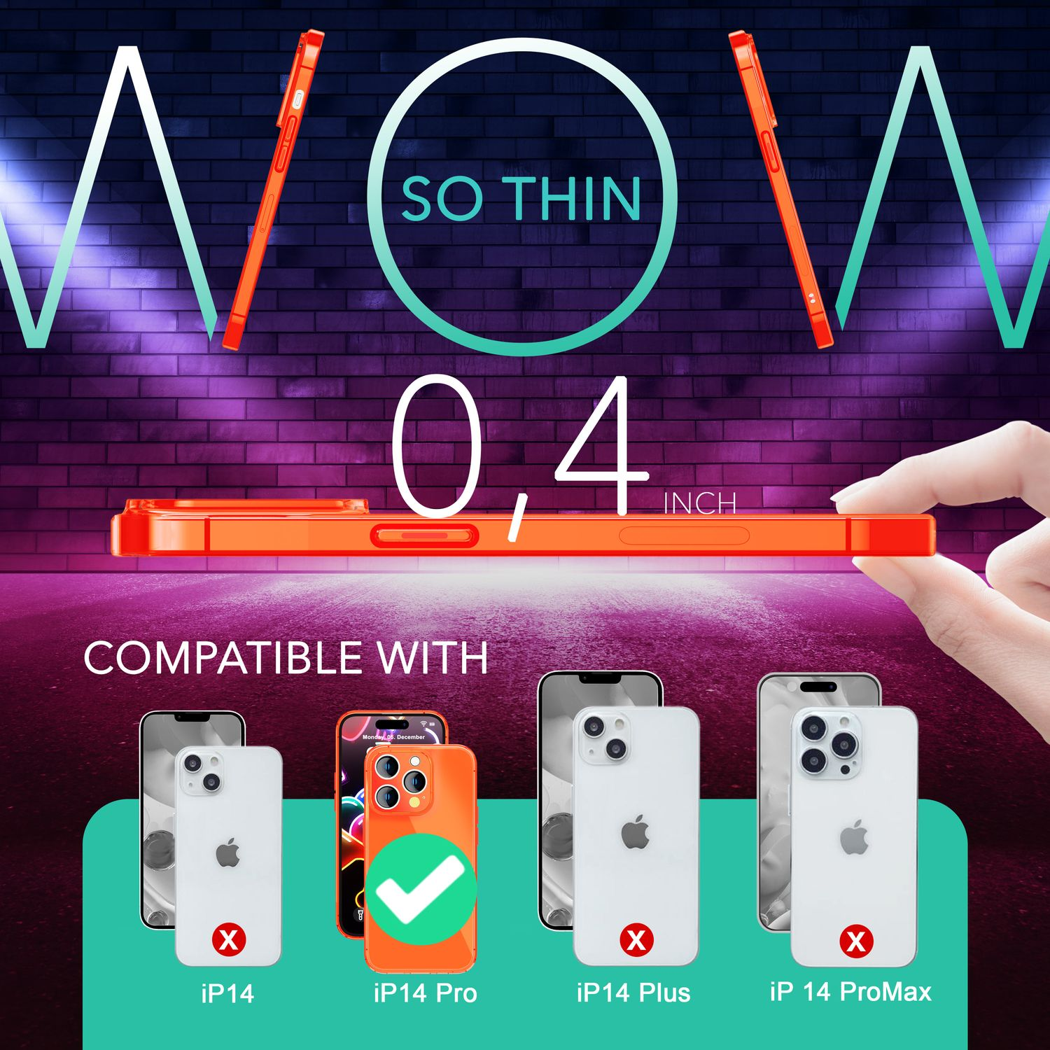 Funda de teléfono naranja con texto y teléfonos. Muestra un teléfono con una marca de verificación y otro con x.