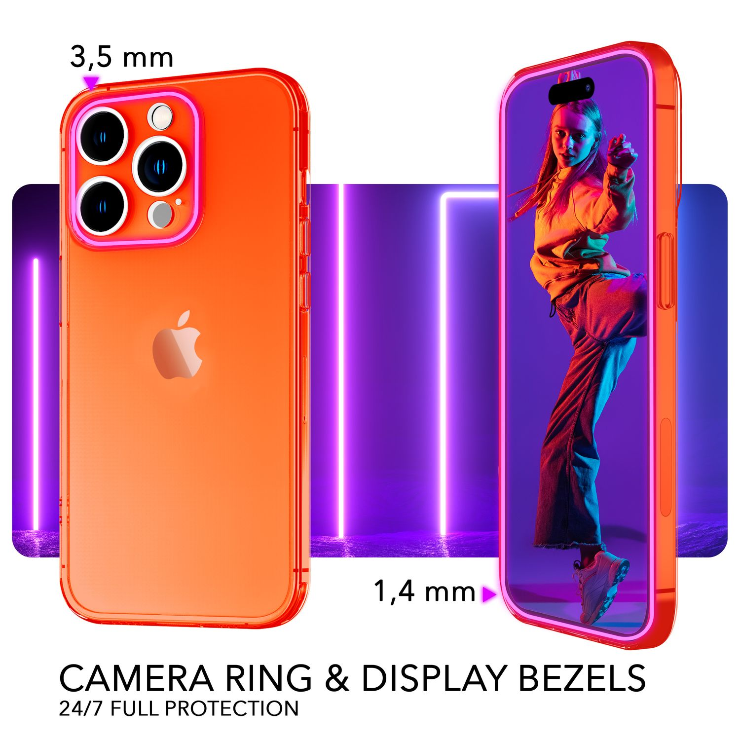 Funda de teléfono naranja con protector de pantalla. Teléfono dentro de la funda. Mujer en pantalla señala. Fondo de luces de neón.