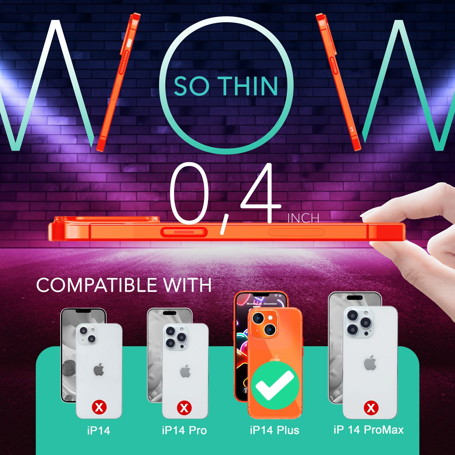 Funda naranja para teléfono, diseño delgado, con el texto 'SO THIN'. Compatible con modelos de iPhone.
