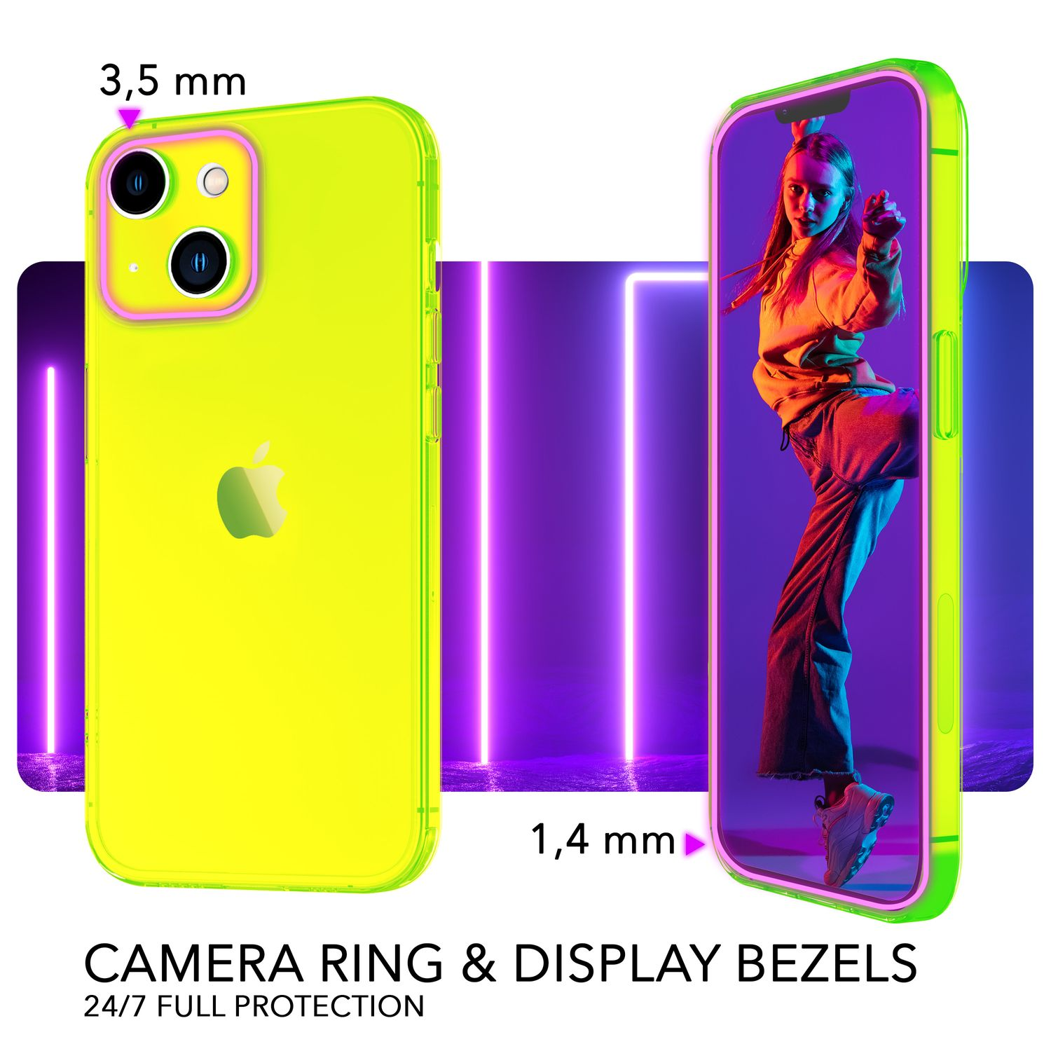 Funda de teléfono verde neón sobre fondo blanco. El teléfono tiene un protector de pantalla. Texto: anillo de cámara y biseles.