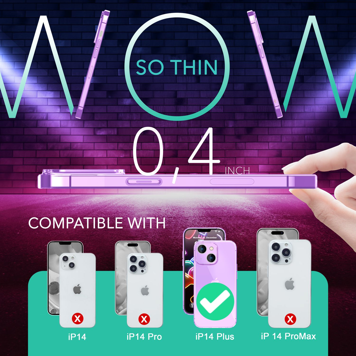 Teléfono morado con funda protectora. Texto: Tan delgado, compatible con modelos de iPhone.