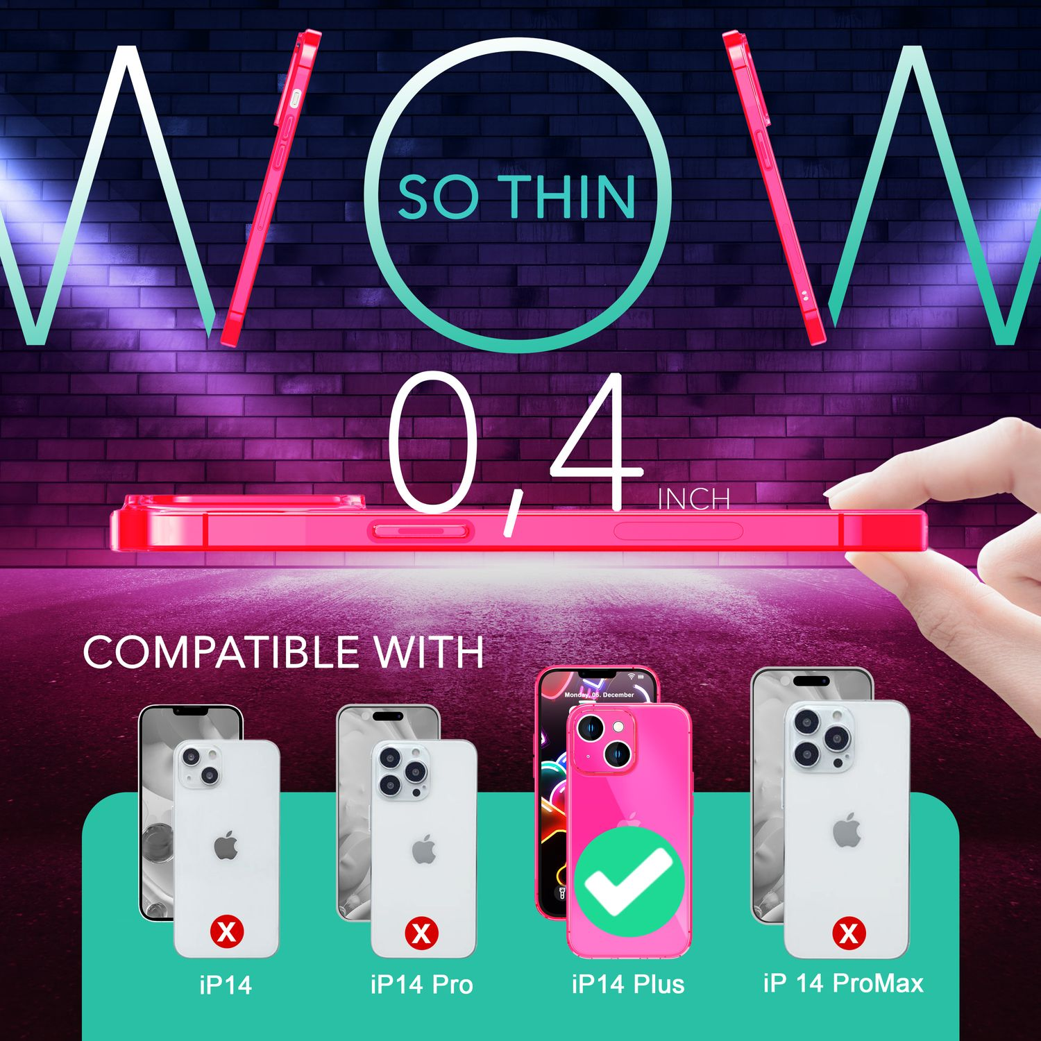 Se muestra un teléfono rosa, mostrando su delgadez. Compatible con iP14 Plus, no iP14 Pro/ProMax.