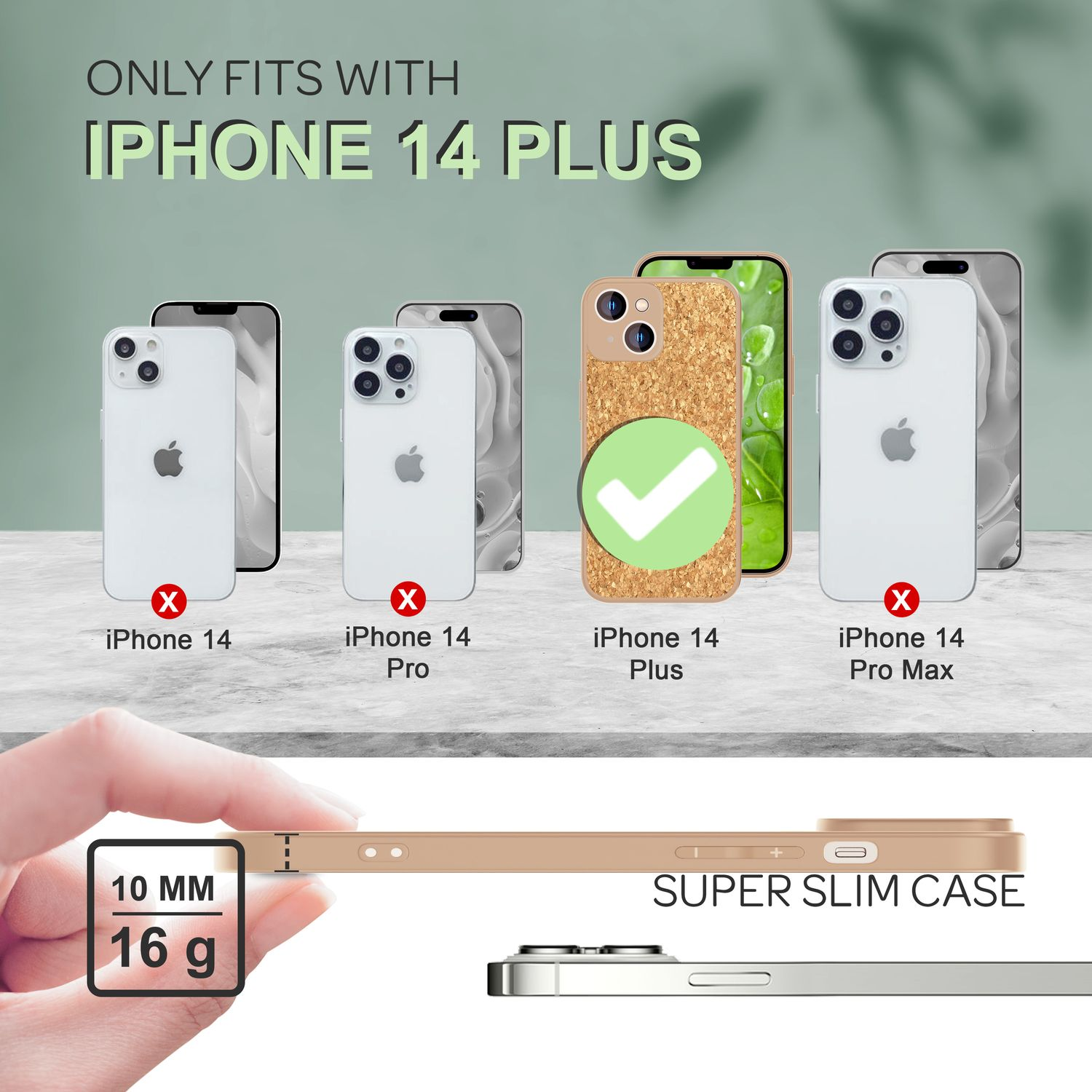 Se muestra una funda para iPhone 14 Plus, delgada y dorada. Las fundas para otros modelos de iPhone están tachadas.