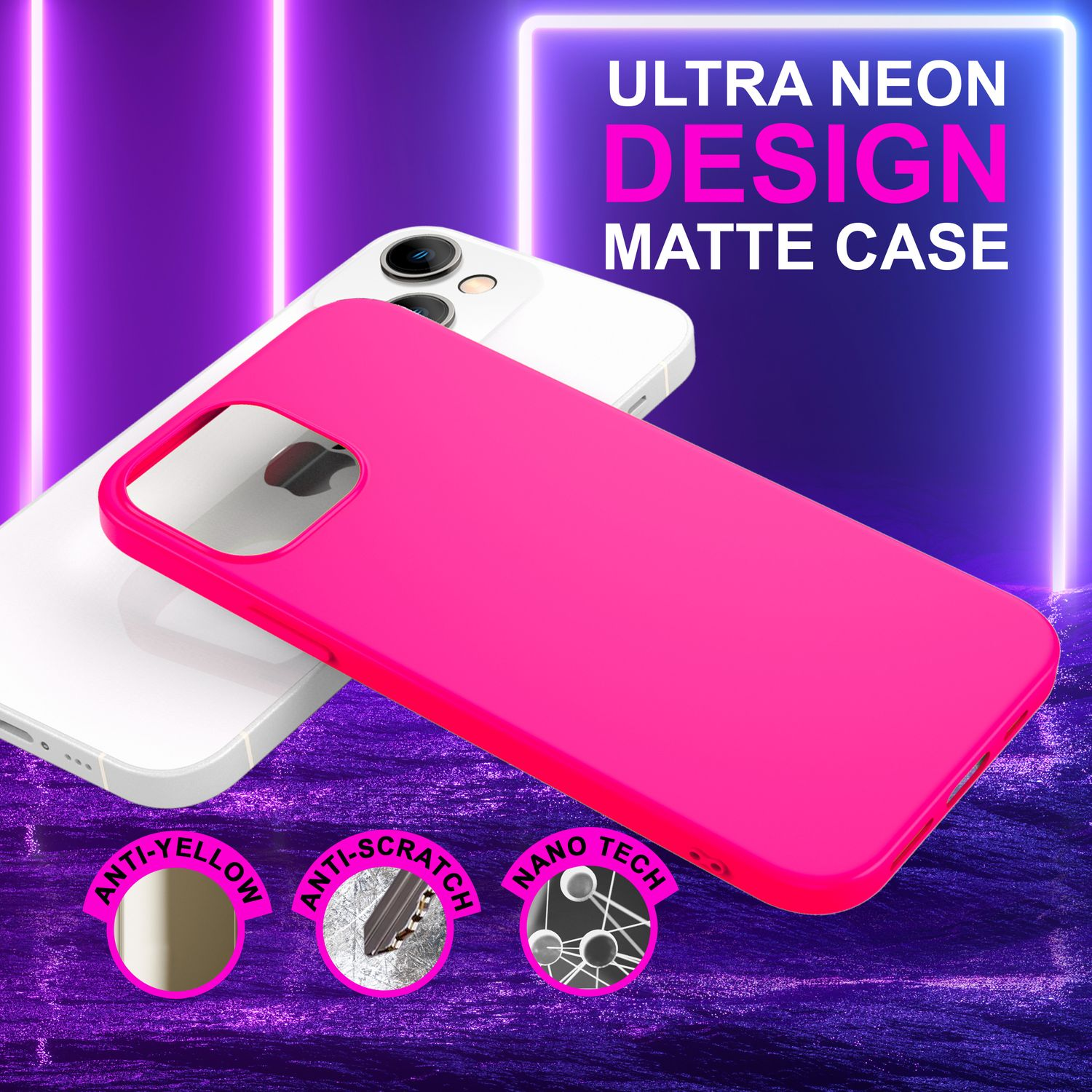Custodia per telefono rosa con un telefono bianco. Testo: 'Ultra Neon Design Matte Case', con simboli. Sfondo viola.