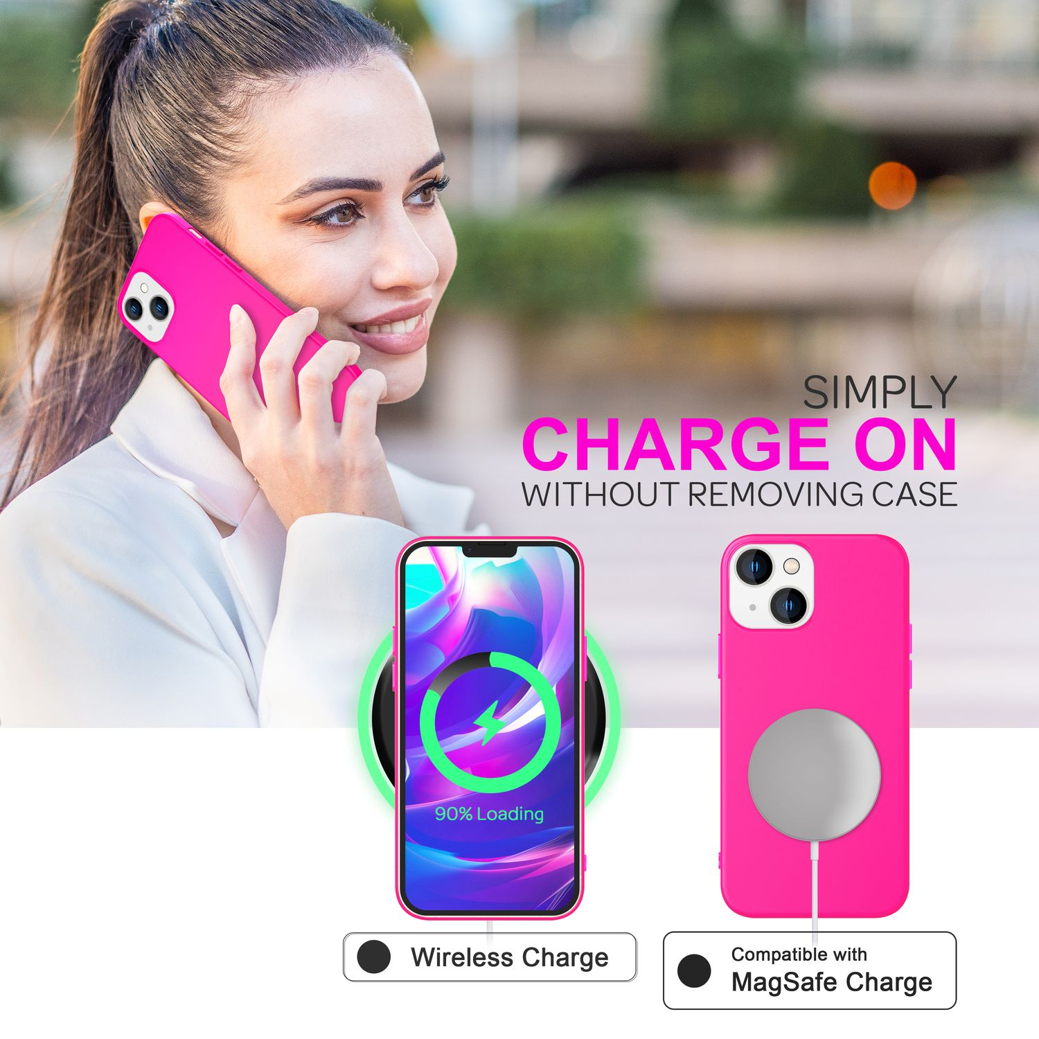 Donna che usa un telefono rosa. Le opzioni di ricarica wireless e MagSafe sono mostrate accanto.