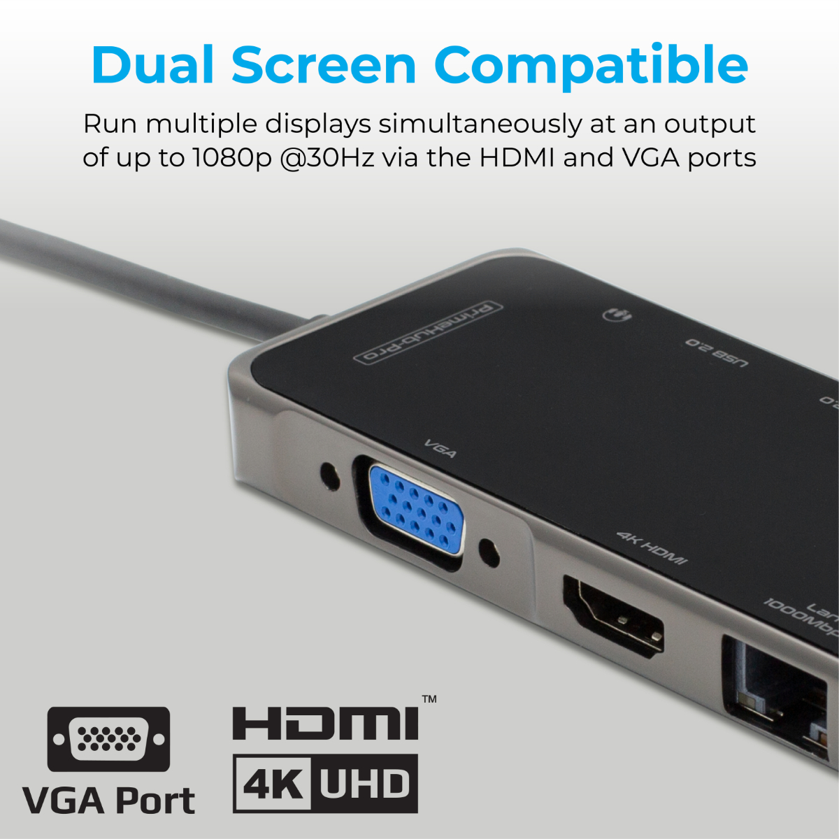Un hub nero e argento con porte VGA, HDMI e USB, con etichette di testo.