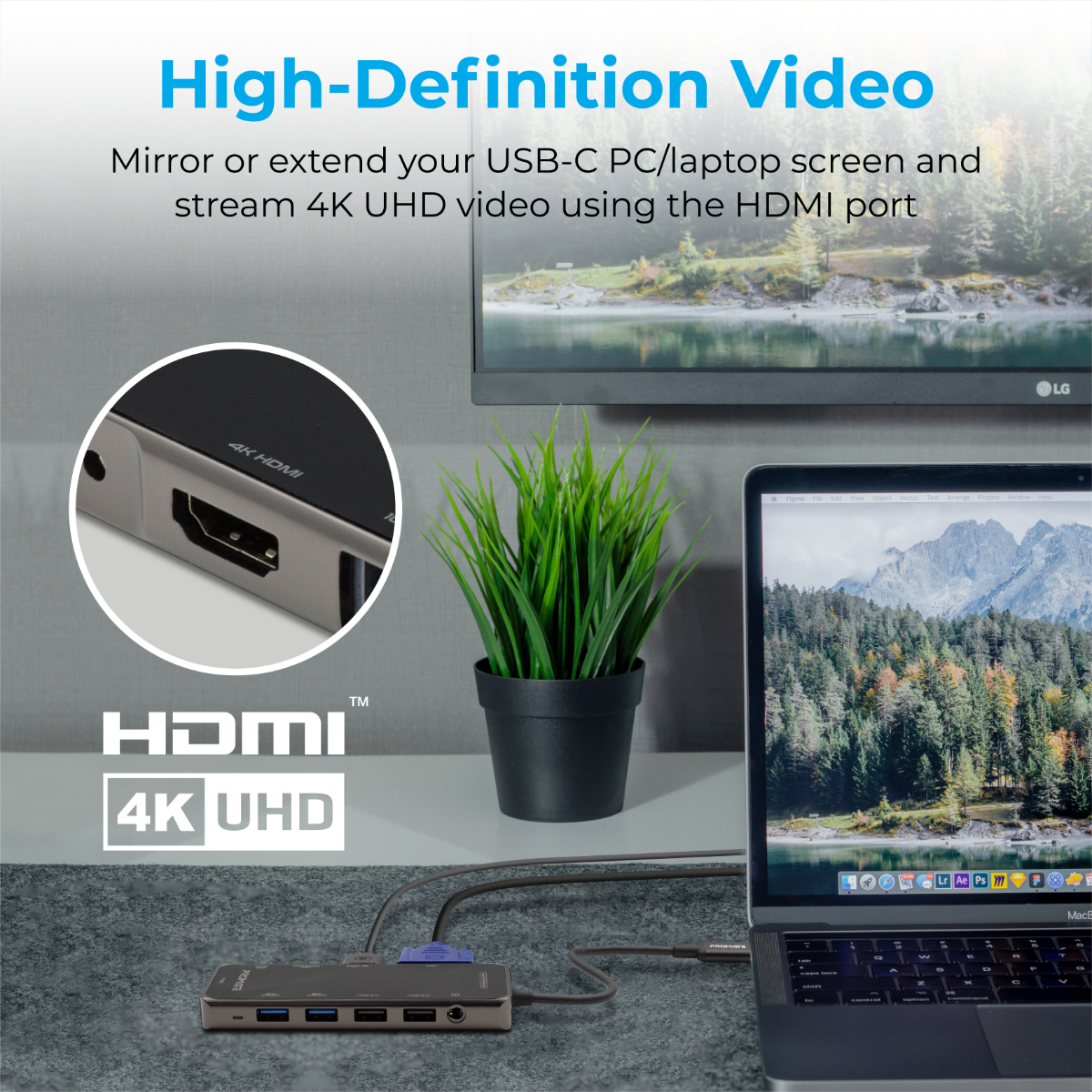 Un dispositivo collegato a un laptop e a un monitor. Testo: Video ad alta definizione, HDMI 4K UHD. Pianta verde.