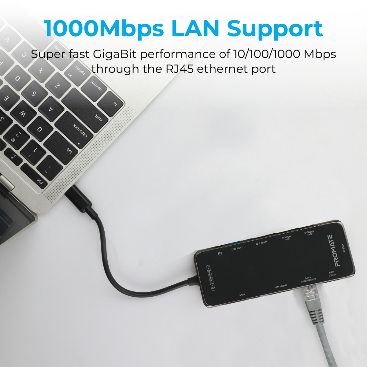 Un laptop collegato a un hub con un cavo ethernet. L'hub è collegato a un laptop tramite USB.