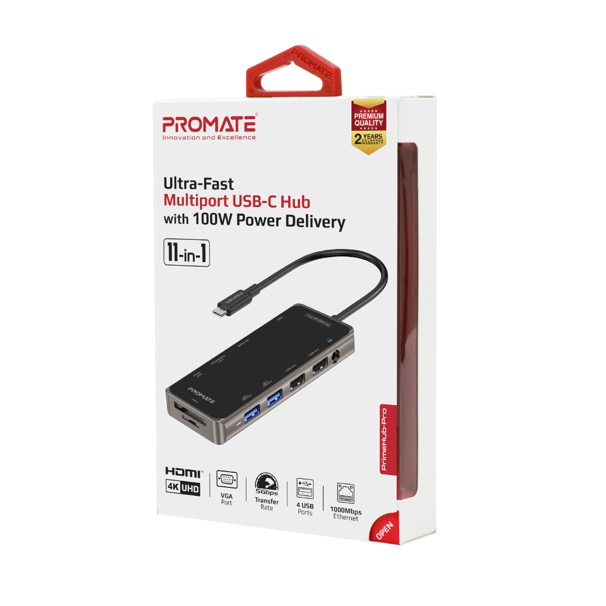 Scatola con un hub USB-C, cavi e porte. La scatola è bianca e rossa.
