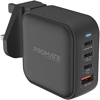 Cargador de Pared GaN - PROMATE Ganport4-100PD 100W PD Ultra-Compacto 2xUSB-C 100W, USB-C 20W, USB-QC 3.0, Android | iOS Iphone | Samsung Galaxy, Negro