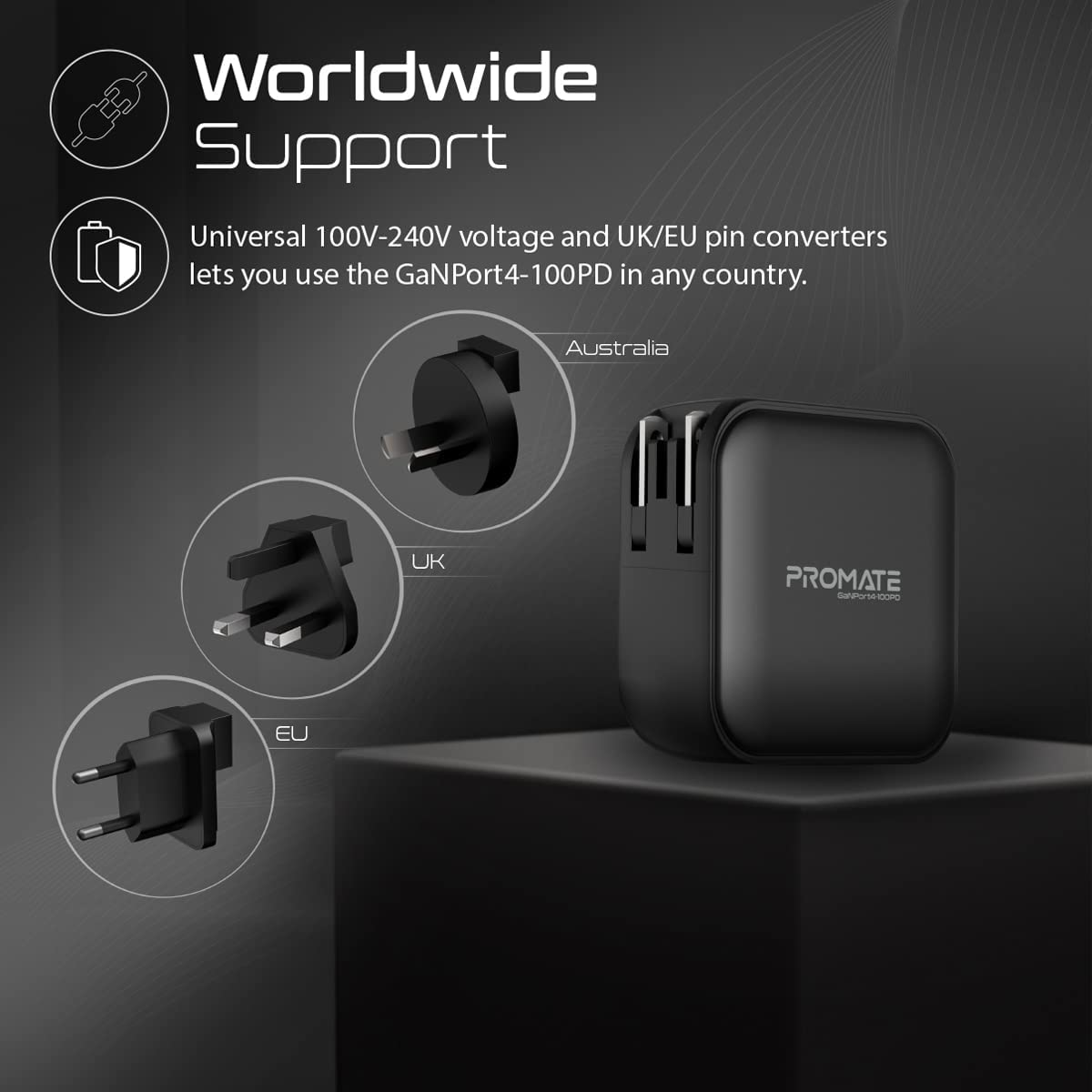 Adaptador de corriente negro con tres tipos de enchufe y texto sobre soporte mundial.