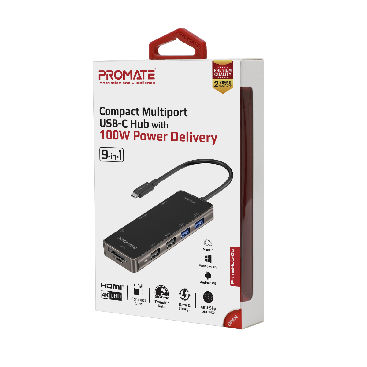 Un hub USB-C multiport compatto in una scatola, con un cavo USB-C collegato.