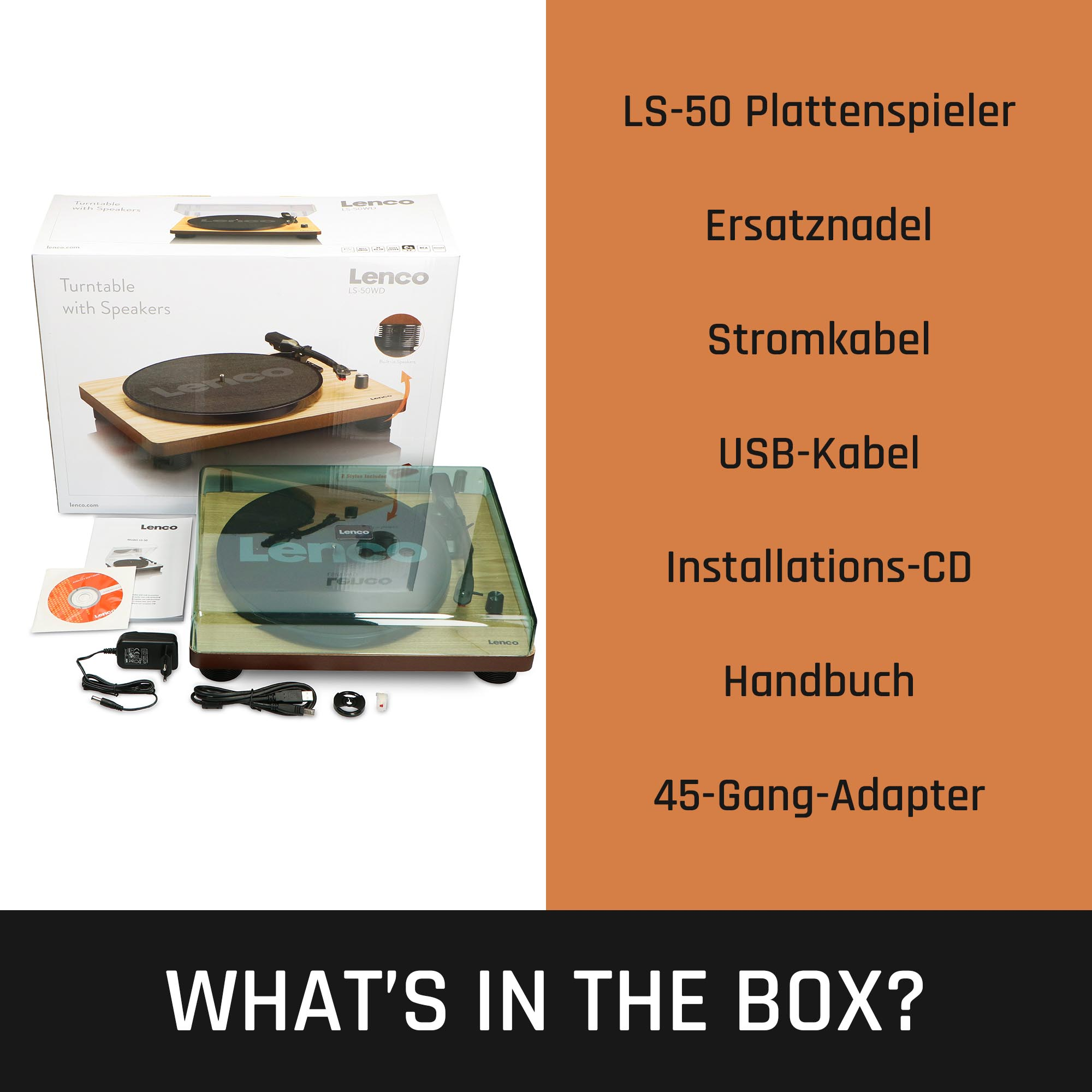 Gramofon i jego akcesoria w pudełku, z napisem 'WHAT'S IN THE BOX?'.