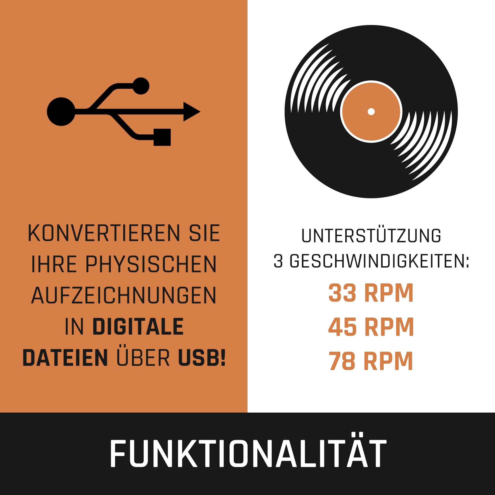 Bild zeigt USB-Anschluss und Schallplatte, Text zur Digitalisierung von Schallplatten.