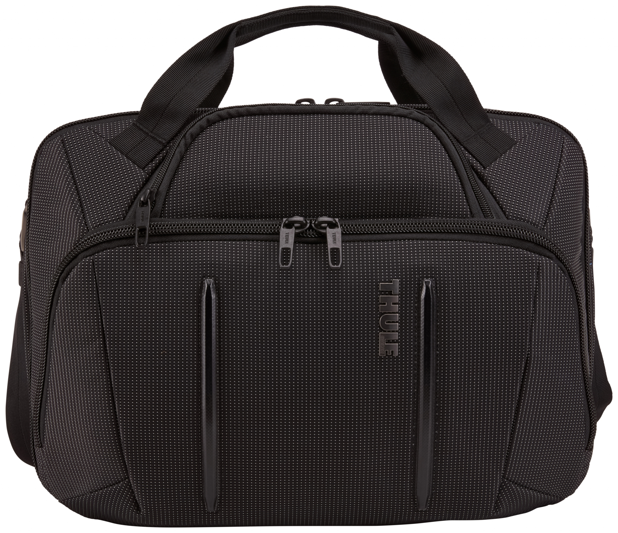 Bolsa de lona negra Thule. Tiene dos asas, una correa para el hombro y el logotipo de Thule es visible.