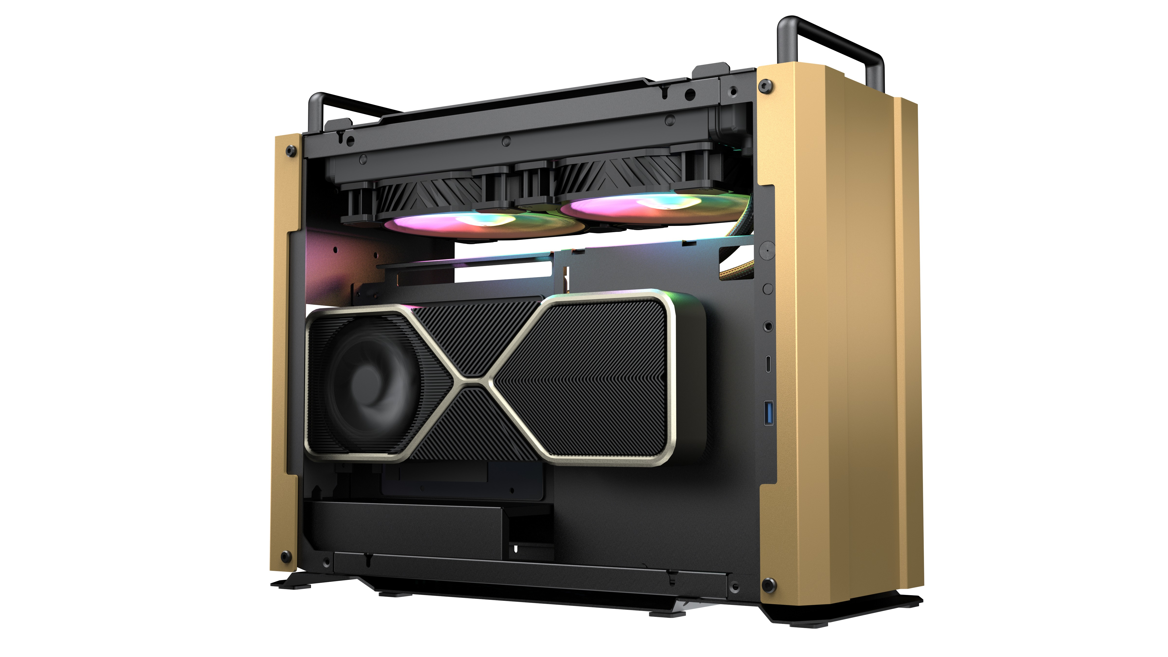 Un case per computer dorato con scheda grafica e due ventole all'interno.