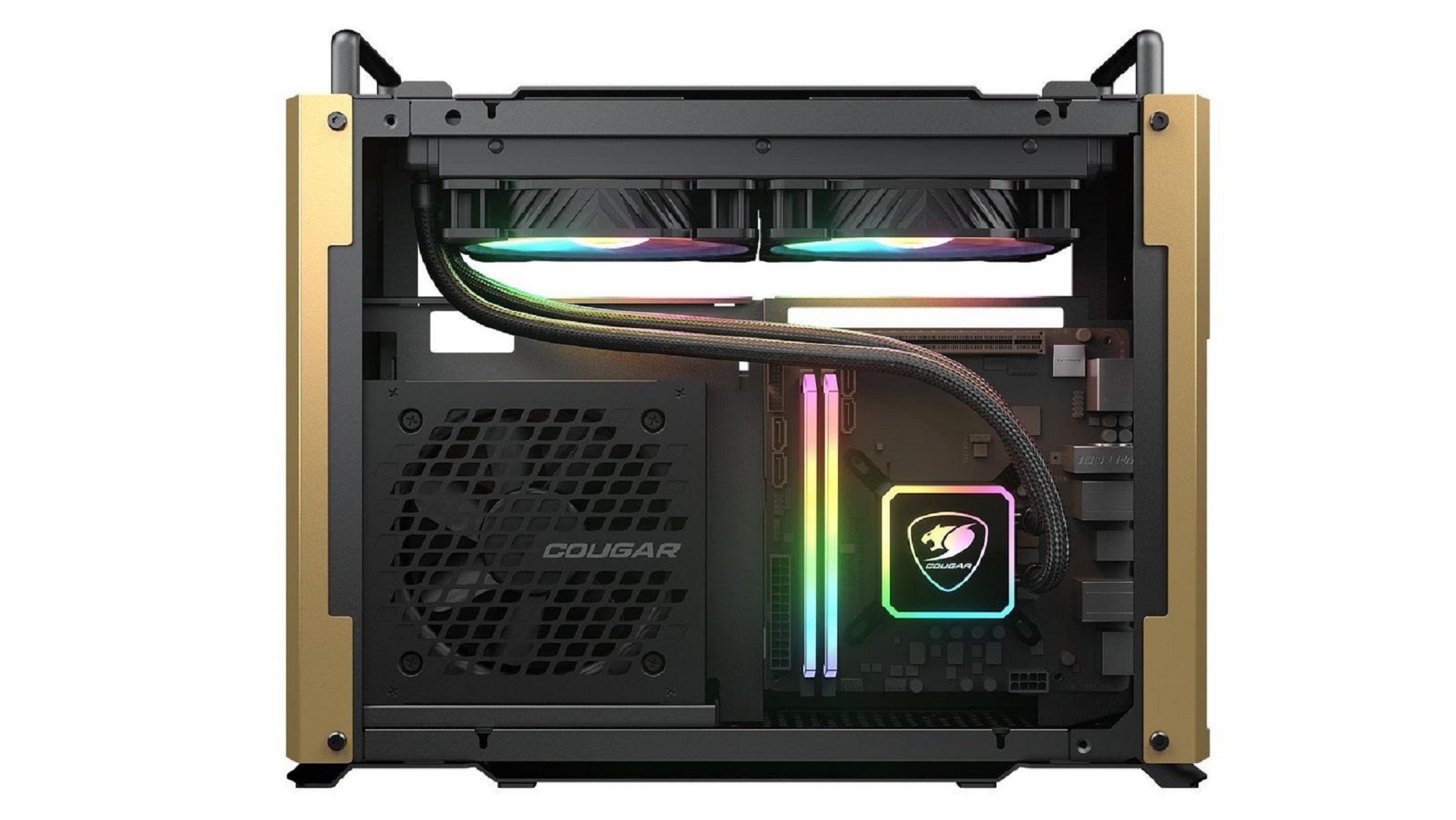 Case di computer con vista laterale dei componenti: ventole, radiatore e scheda madre.