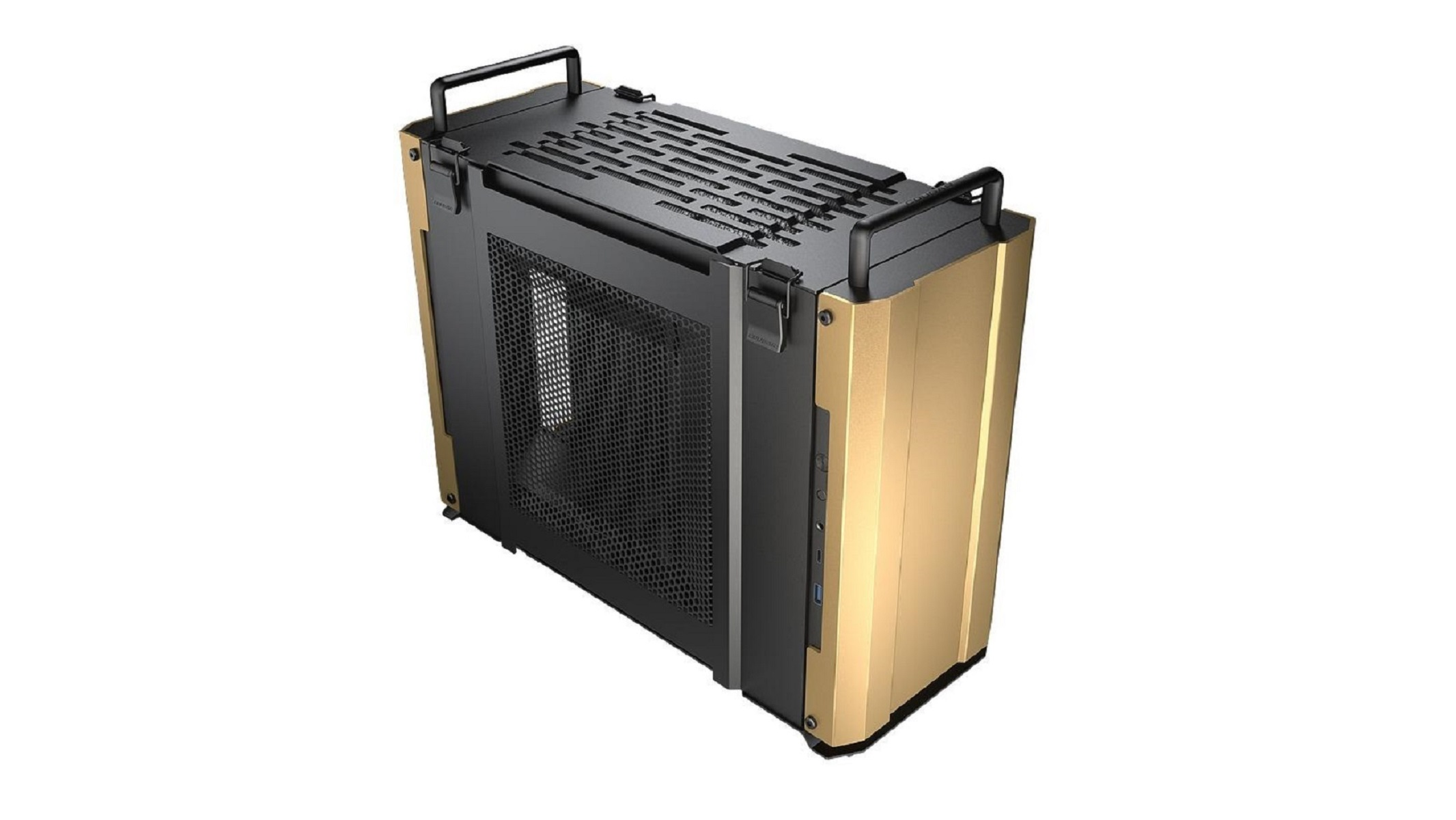 Case per computer dorato. Griglia di ventilazione nera. Maniglie nere. Sfondo: bianco.