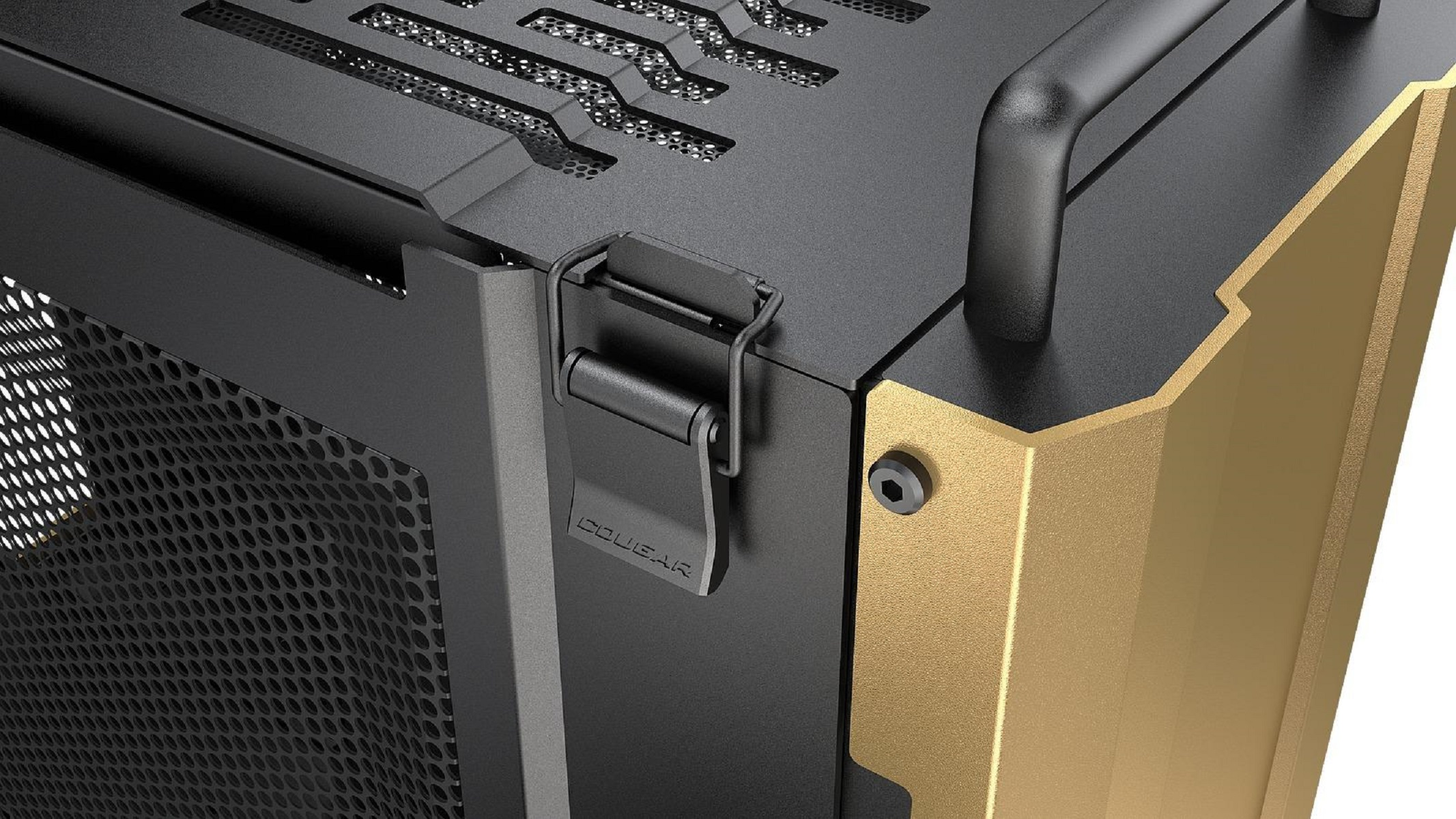 Primo piano di un case per computer con una maniglia. Il case è nero e oro con la parola COUGAR.